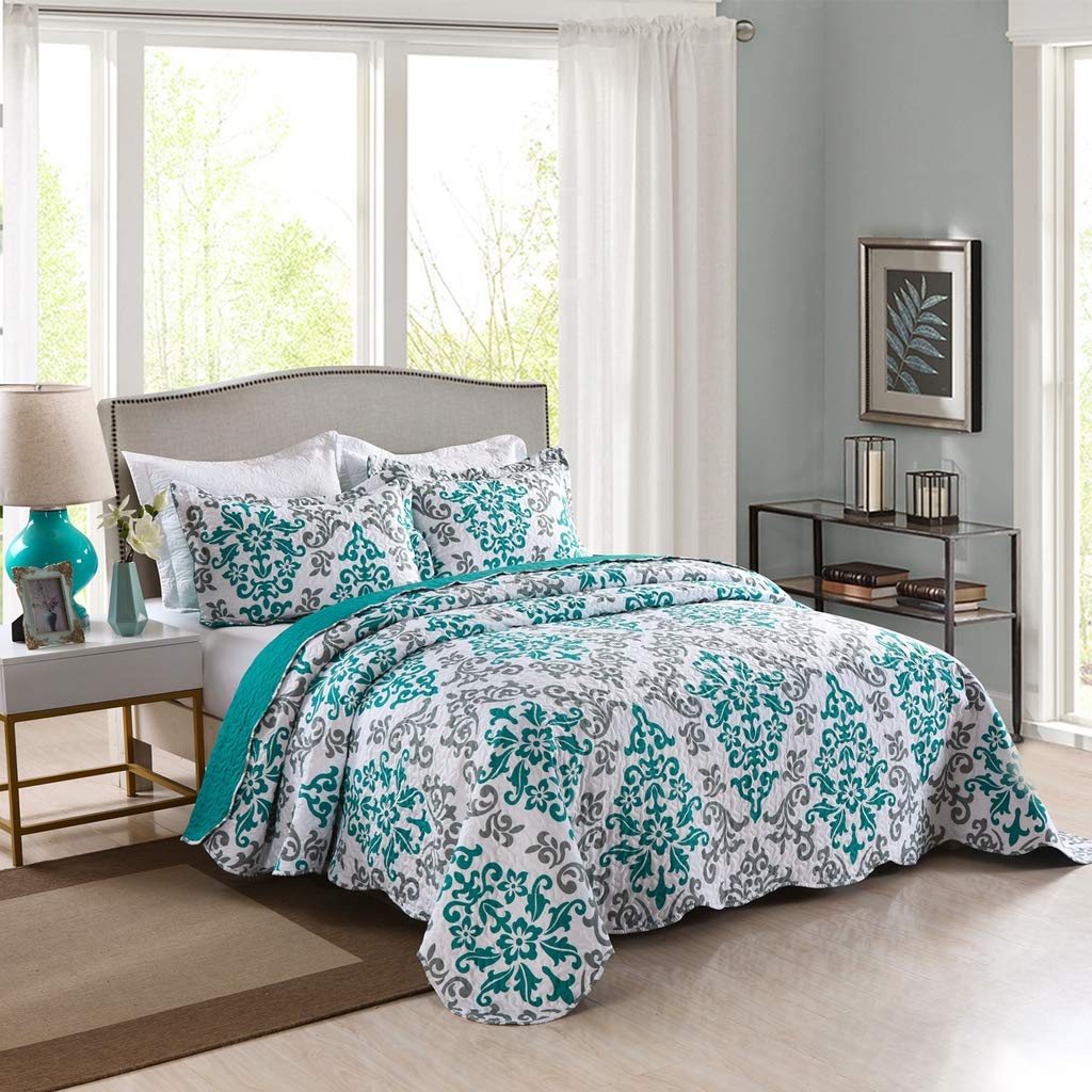 3 Piece Floral Quilt Set, Lightweight Quilted Bedspread A17
