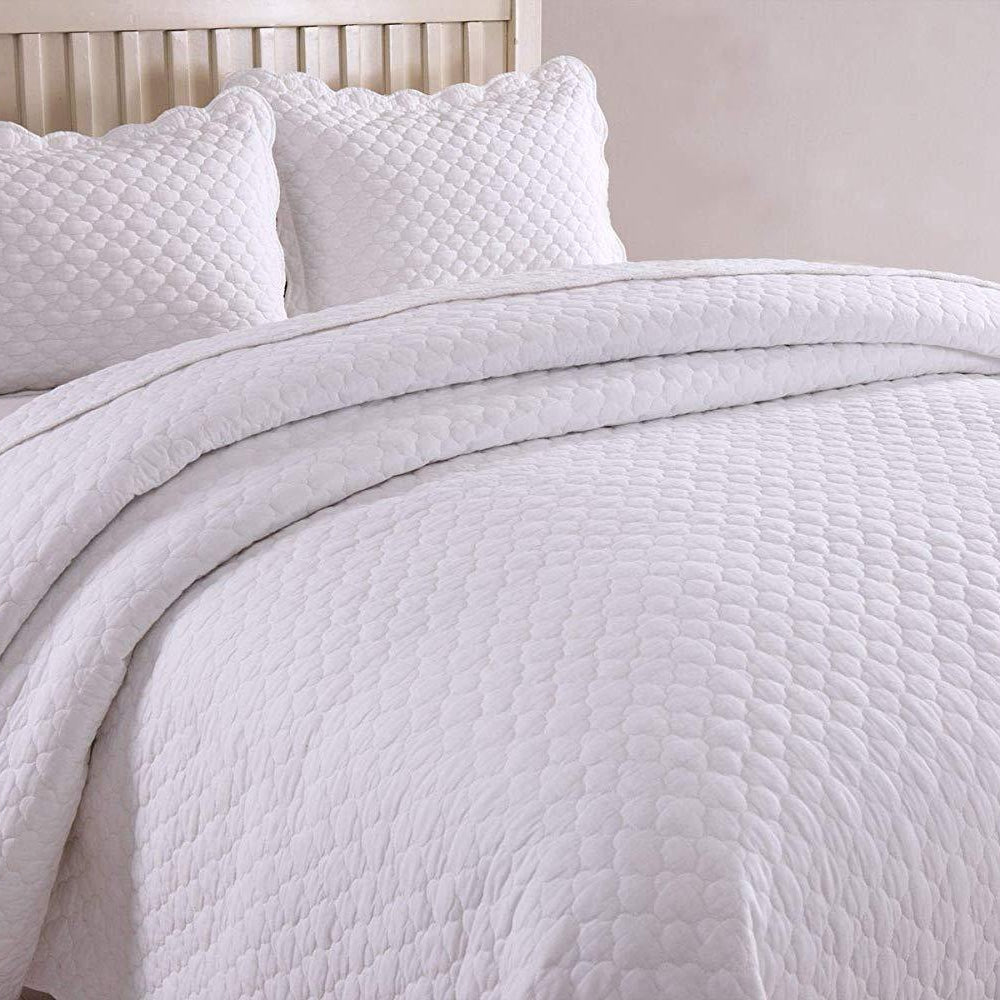 3 Piece 100% Cotton Quilt Set, Lightweight Quilted Bedspread White