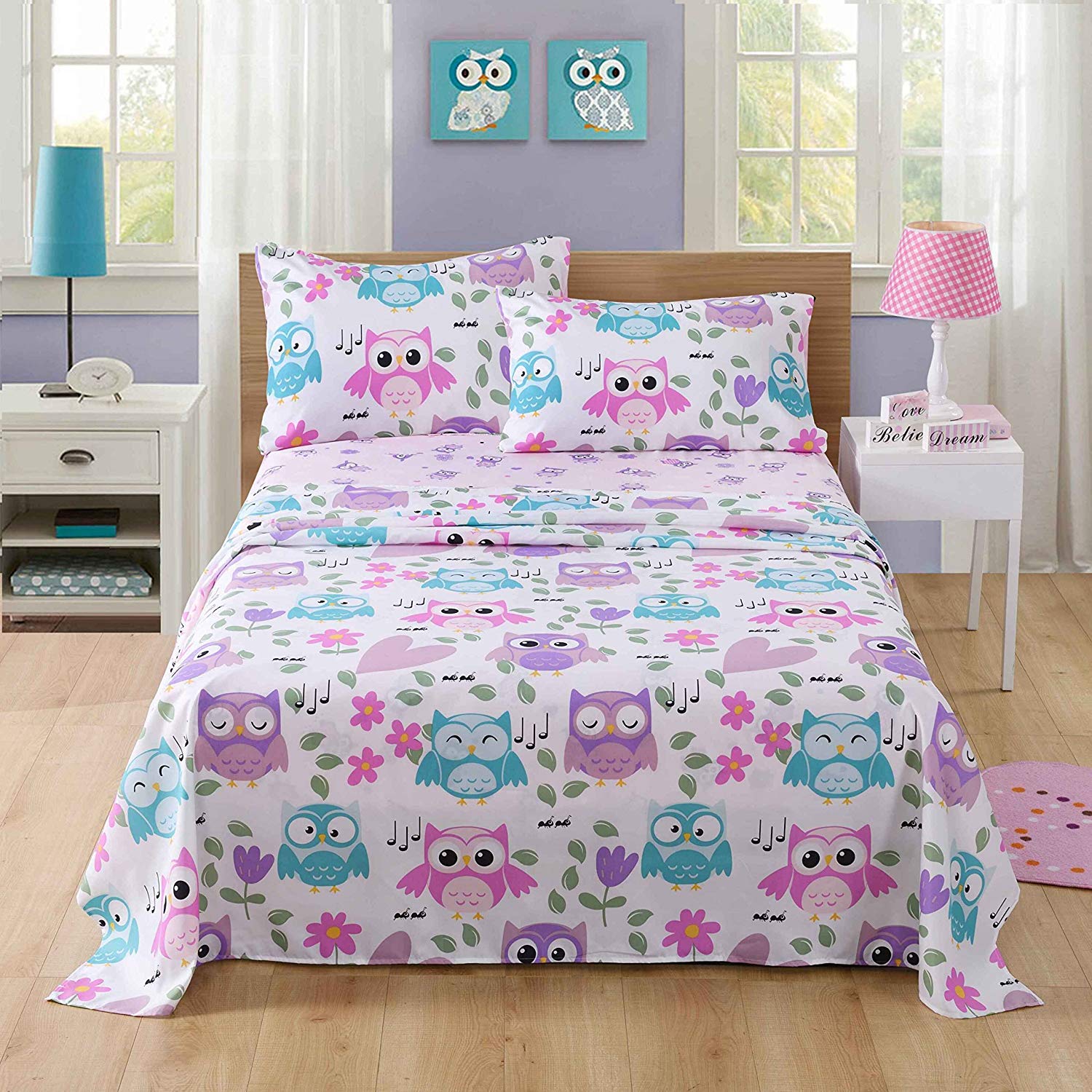 3/4 PieceKids Owl Cotton Sheet Set, Soft Cute Bedding for Girls Boys SH_A32