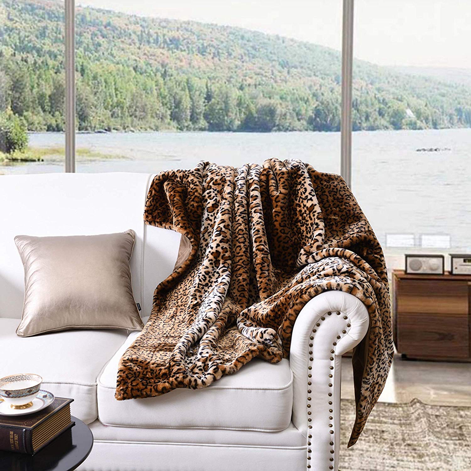 Faux Fur Leopard Throw Blanket, Soft Plush Cozy Sofa Cover