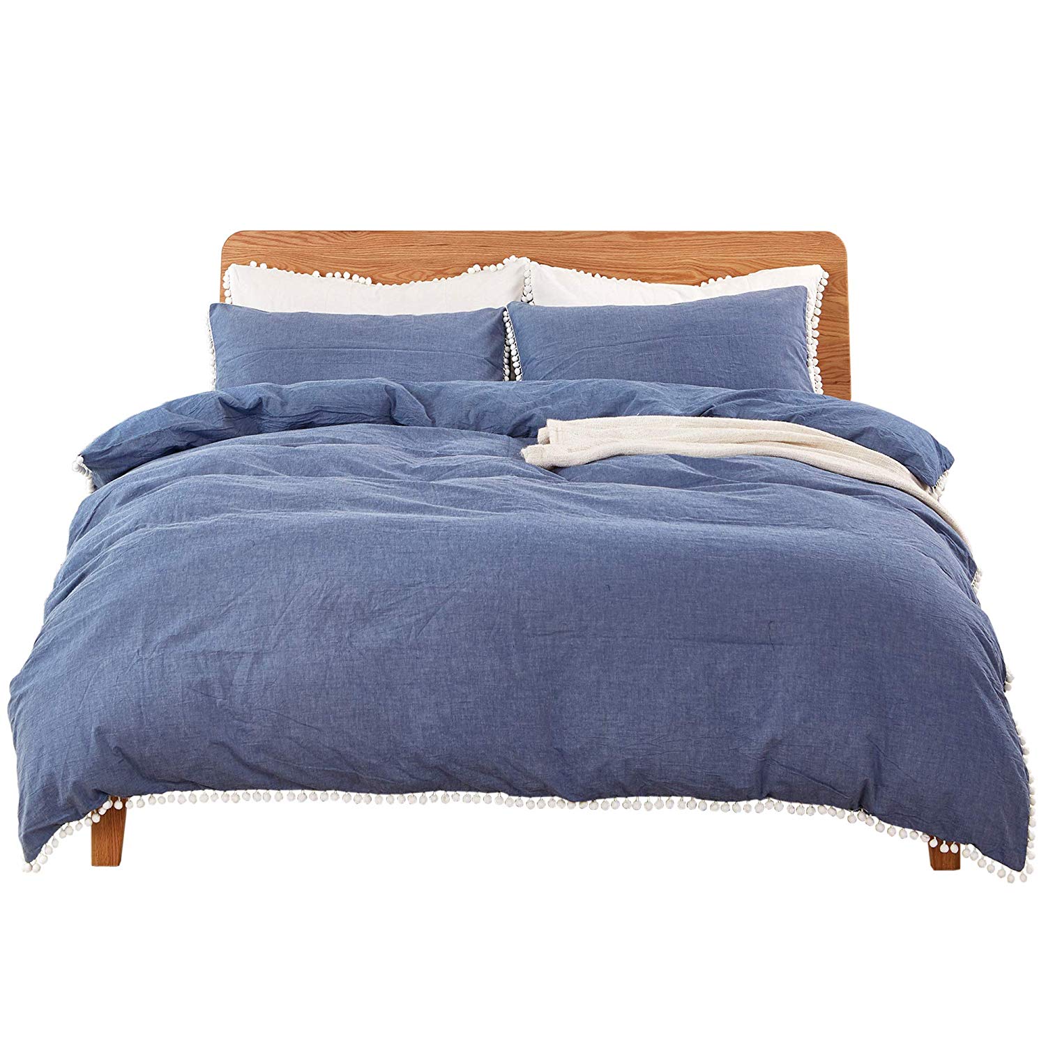 3 Piece 100% Cotton Duvet Cover Set, Pompom Soft Breathable Bedding