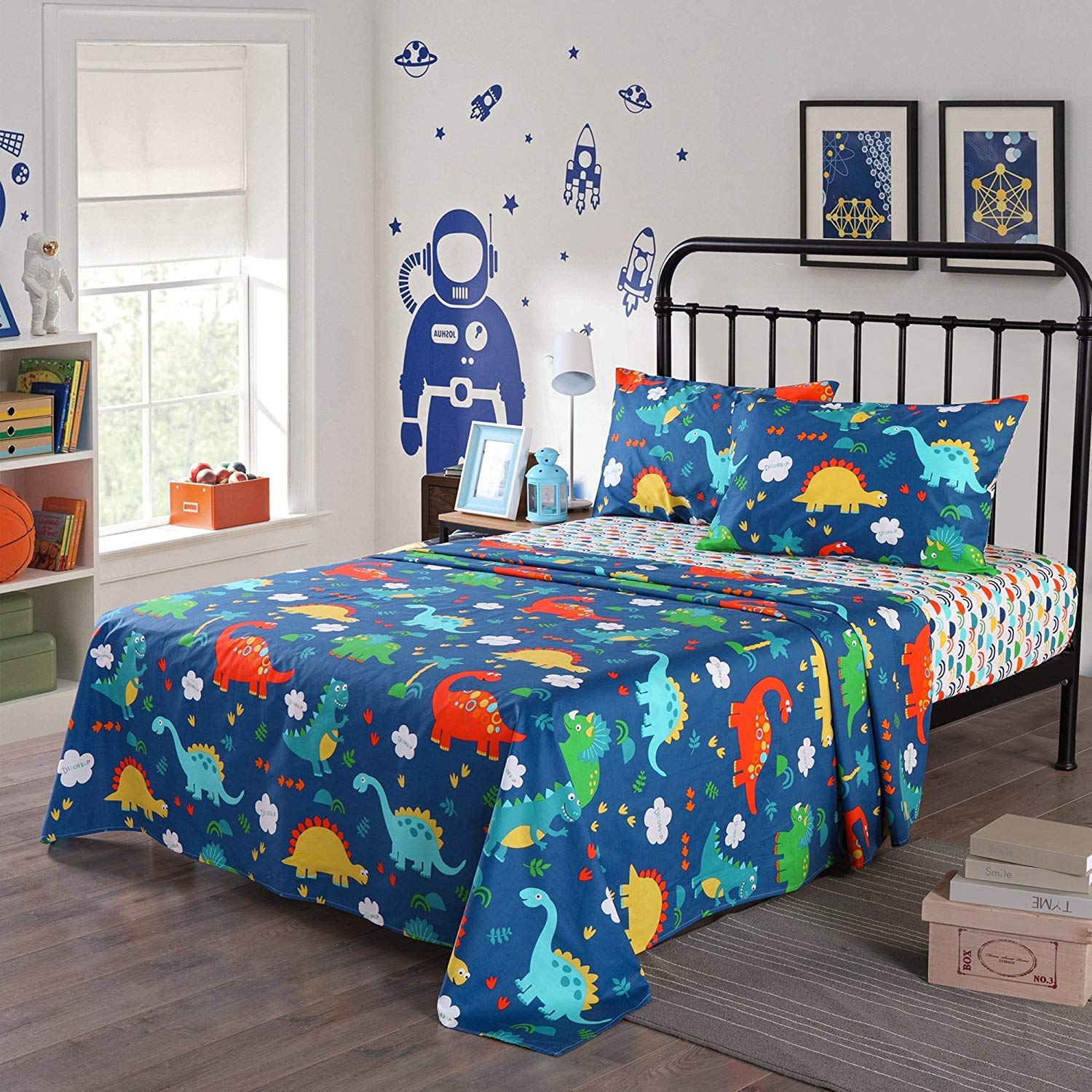 3/4 Piece Kids Dinosaur Sheet Set, 100% Cotton Soft Breathable Bedding
