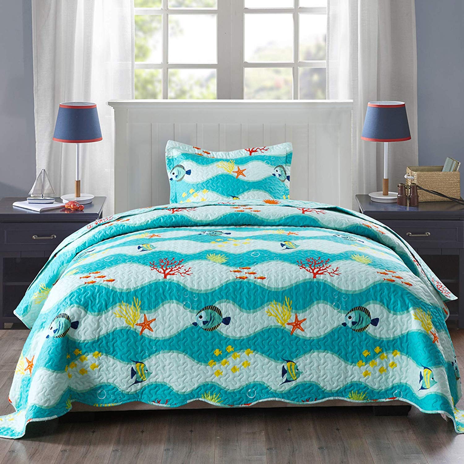 2/3 Piece Kids Ocean Quilt Set, Sea Life Bedspread for Teens Boys Girls