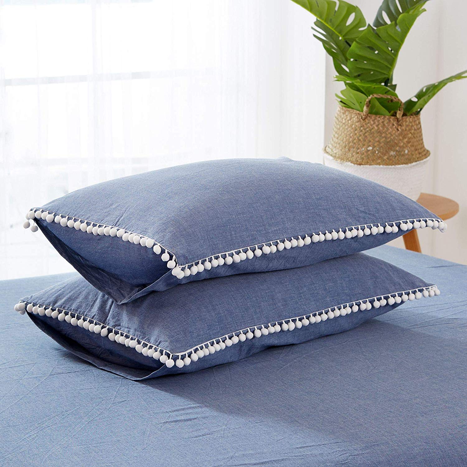 3 Piece 100% Cotton Duvet Cover Set, Pompom Soft Breathable Bedding