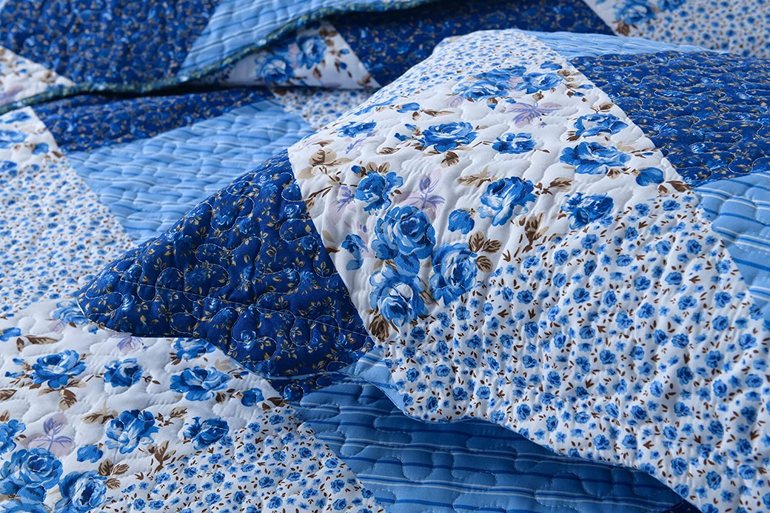 Blue Floral Quilted Pillow Sham Microfiber Pillow Shams