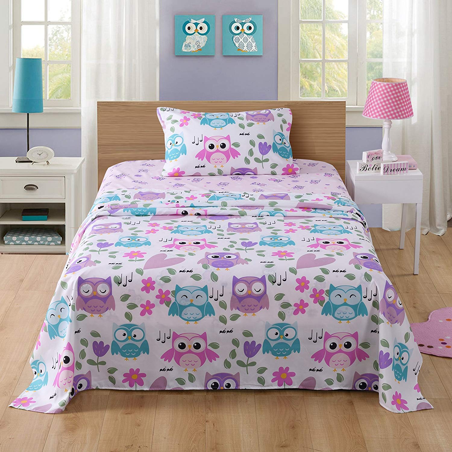 3/4 PieceKids Owl Cotton Sheet Set, Soft Cute Bedding for Girls Boys SH_A32