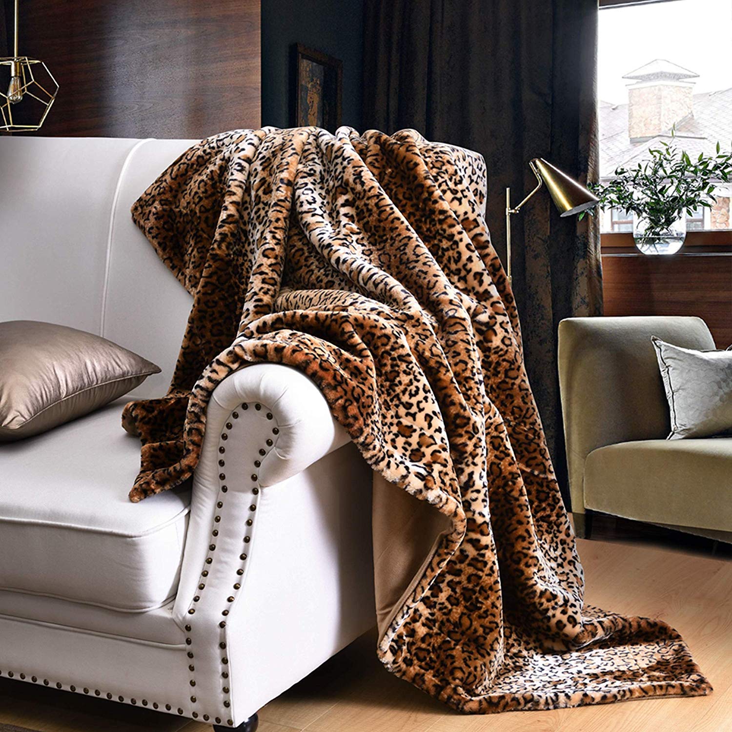Faux Fur Leopard Throw Blanket, Soft Plush Cozy Sofa Cover