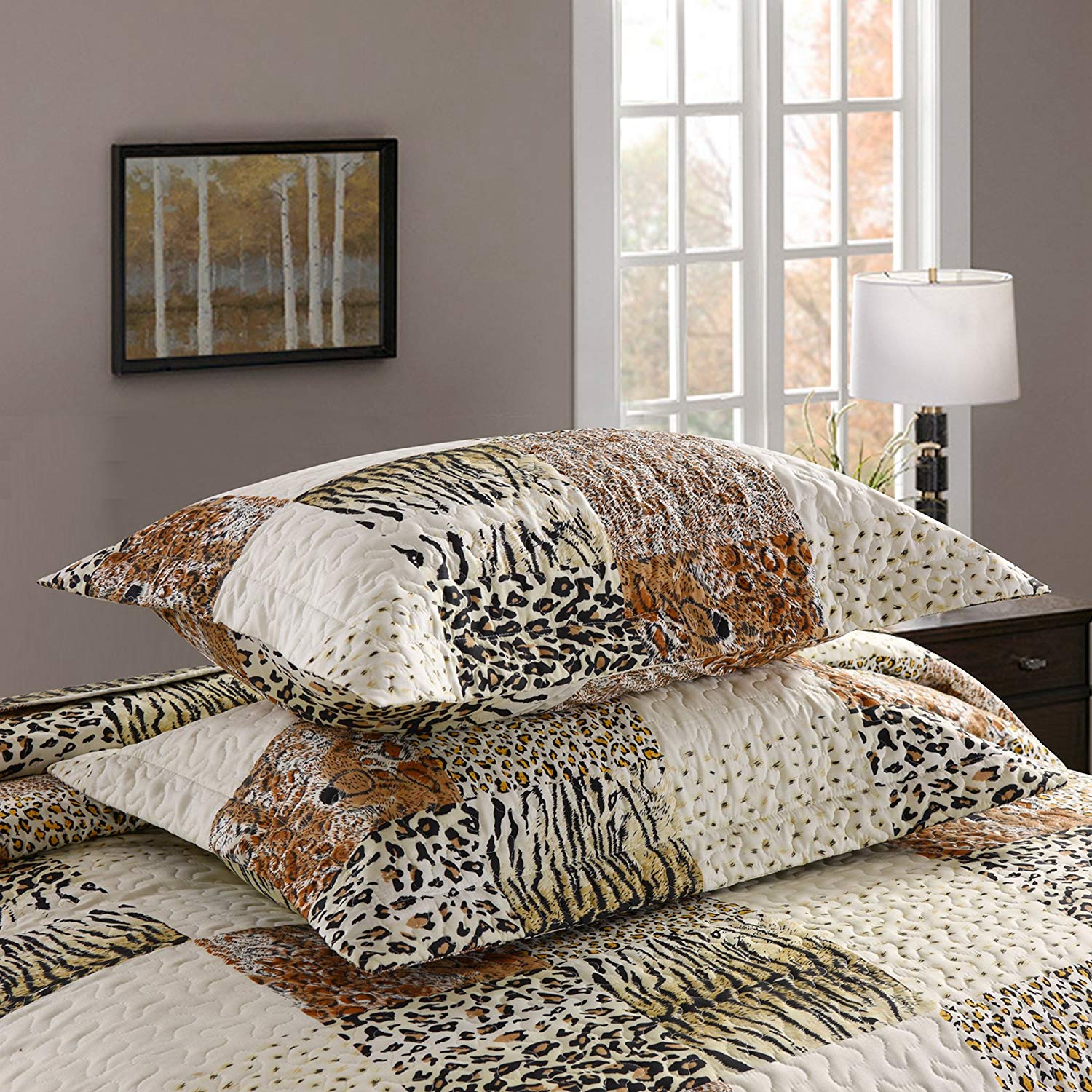 3 Piece Animal Print Quilt Set, Leopard Patchwork Bedspread Lightweight