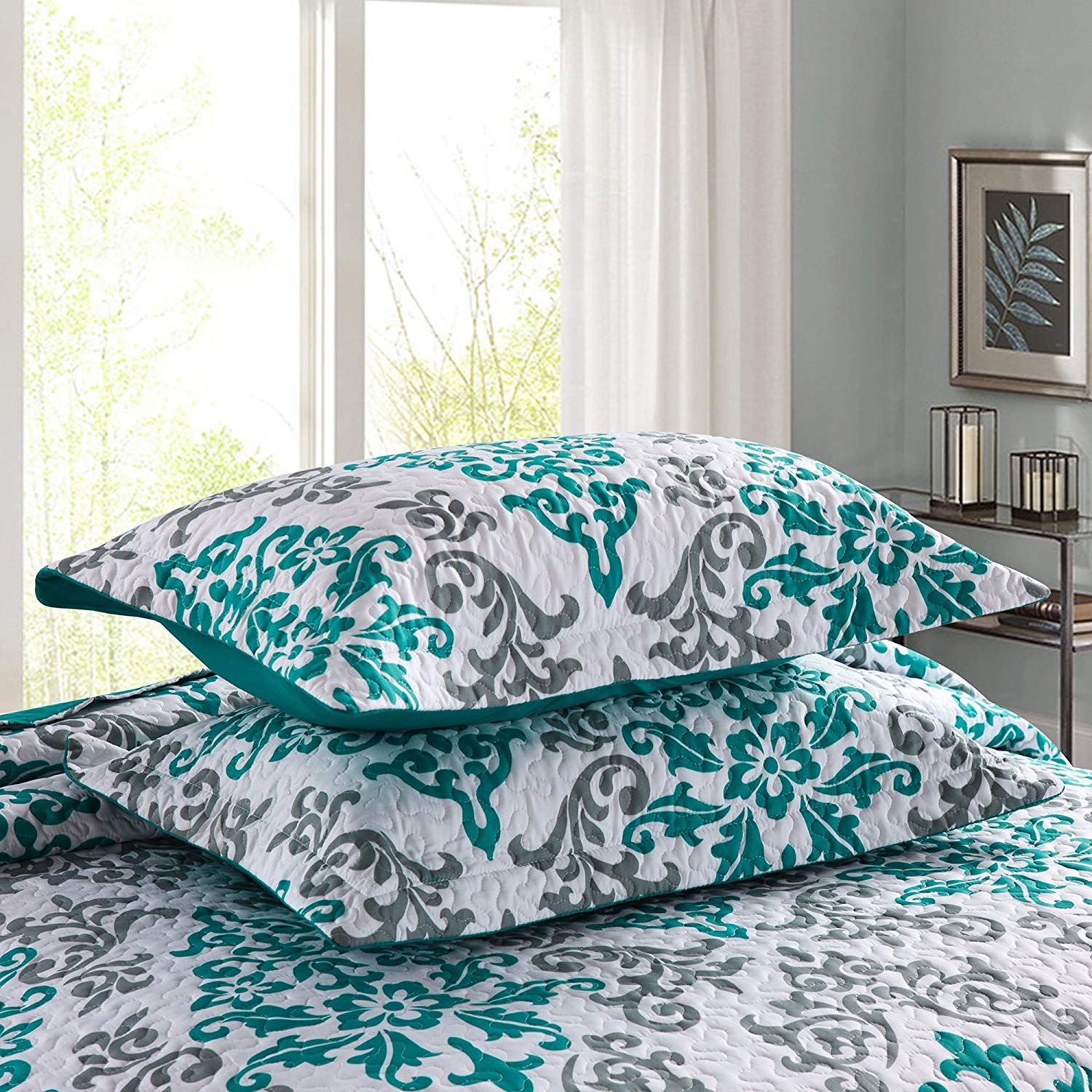 3 Piece Floral Quilt Set, Lightweight Quilted Bedspread A17