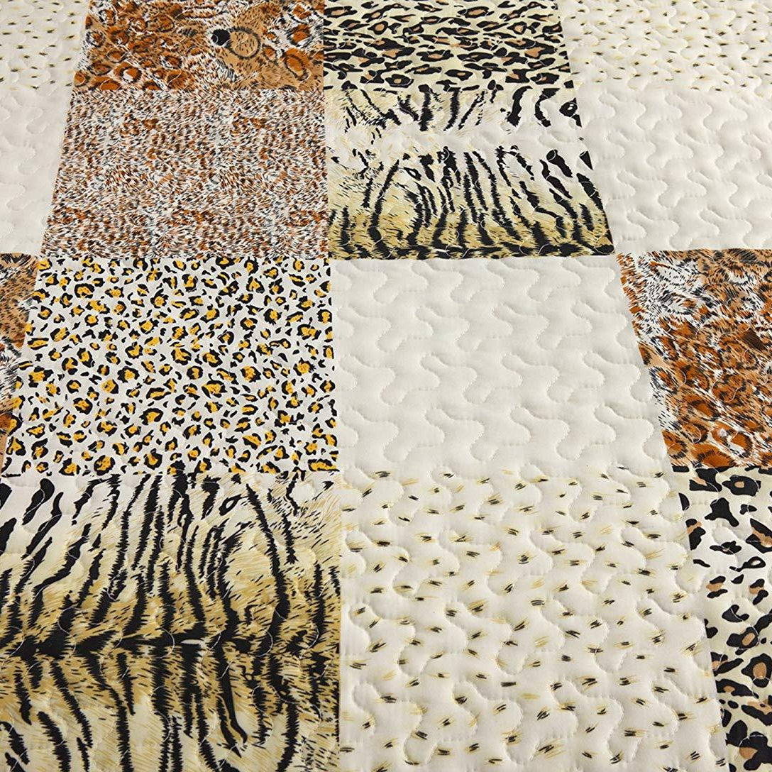 3 Piece Animal Print Quilt Set, Leopard Patchwork Bedspread Lightweight