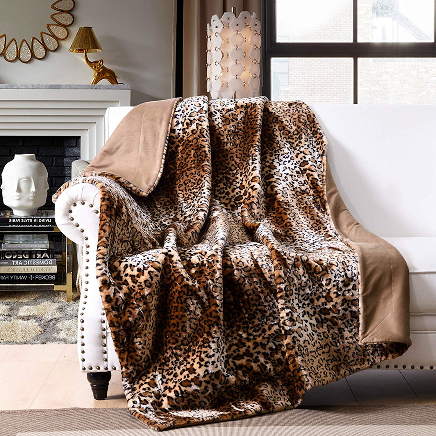 Faux Fur Leopard Throw Blanket, Soft Plush Cozy Sofa Cover