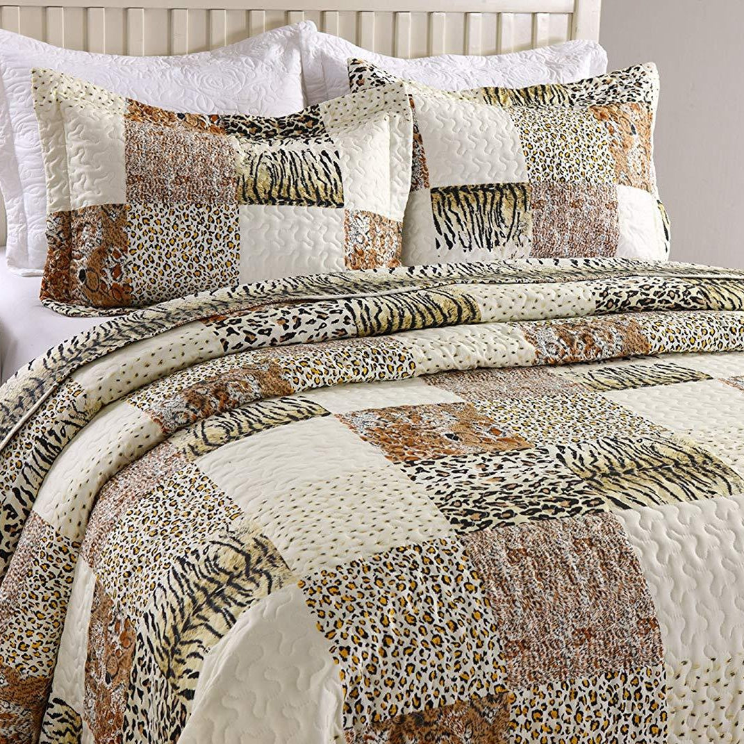 3 Piece Animal Print Quilt Set, Leopard Patchwork Bedspread Lightweight