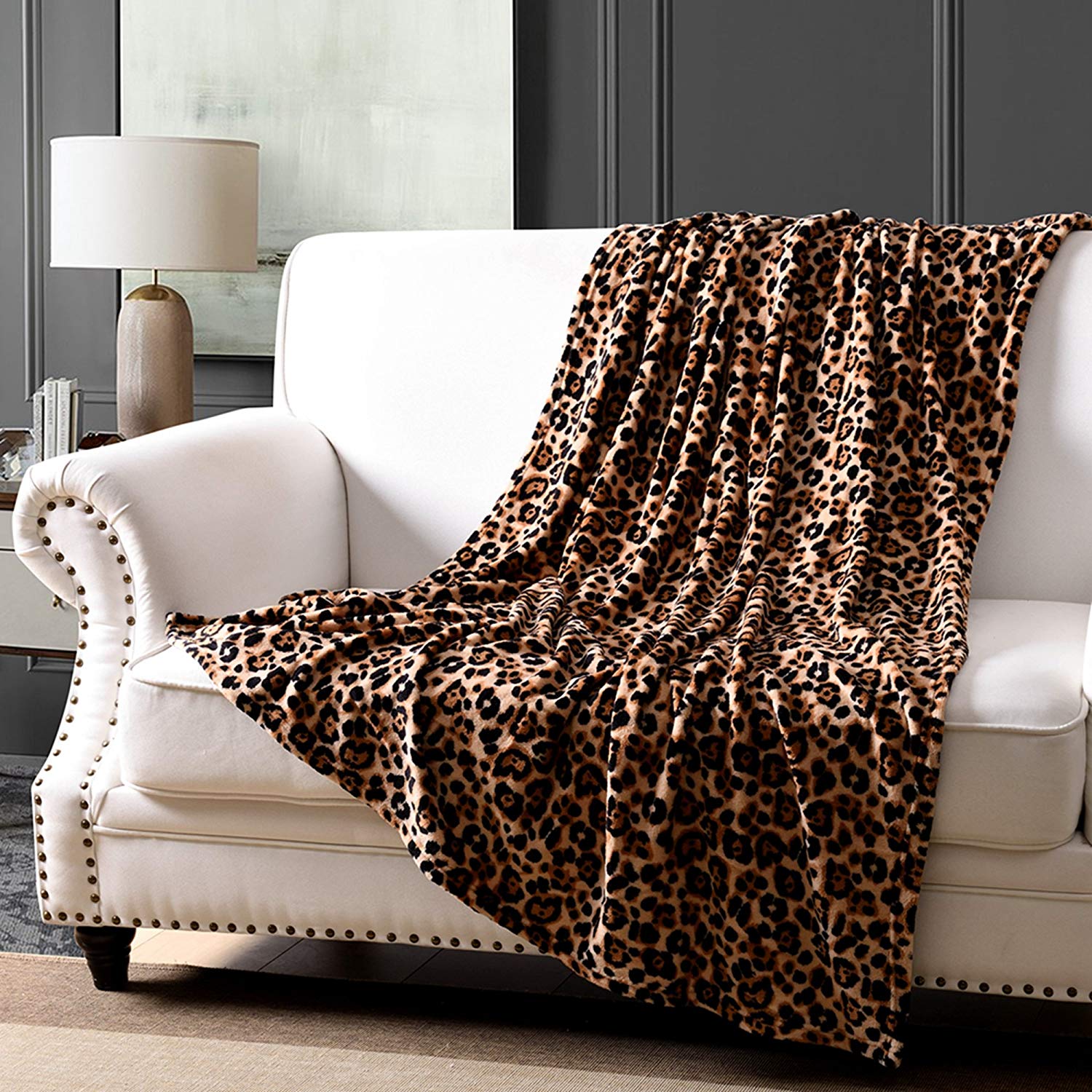 Leopard Fleece Throw Blanket 50"x60", Soft Plush Cozy Blanket