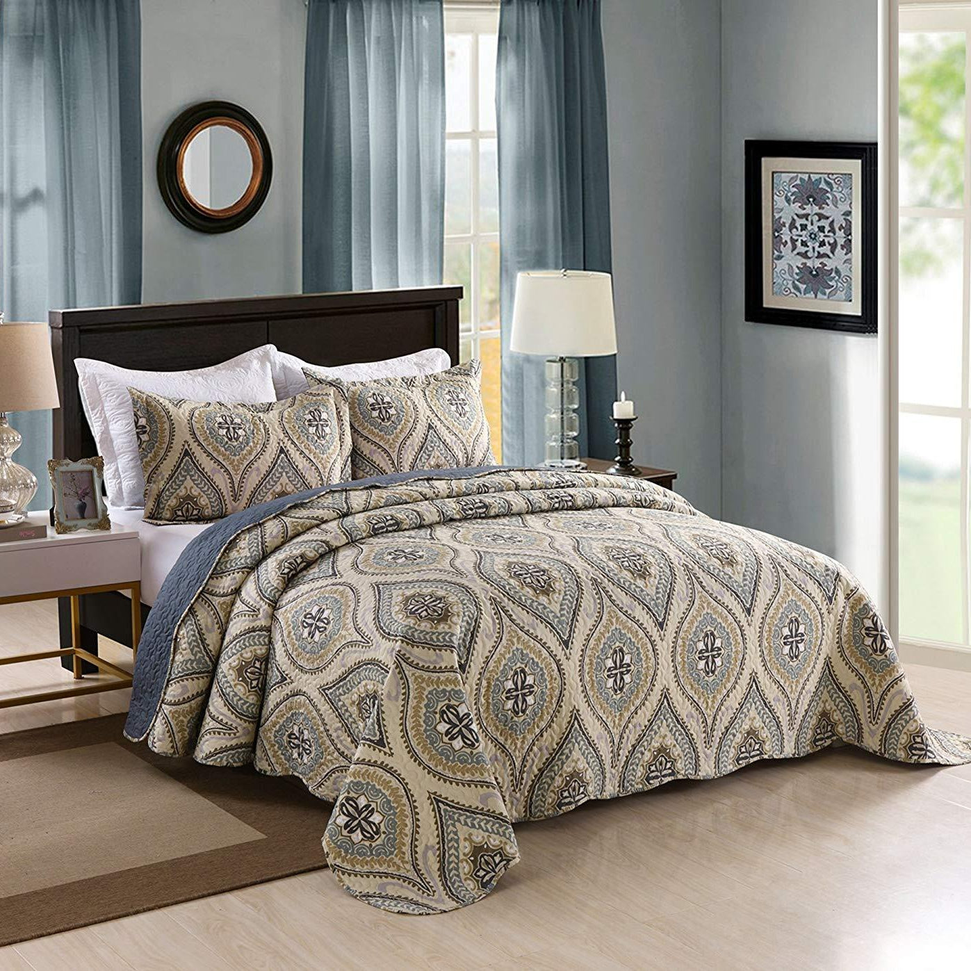 3 Piece Quilted Bedspread Quilt Set Lightweight Bedspread A16