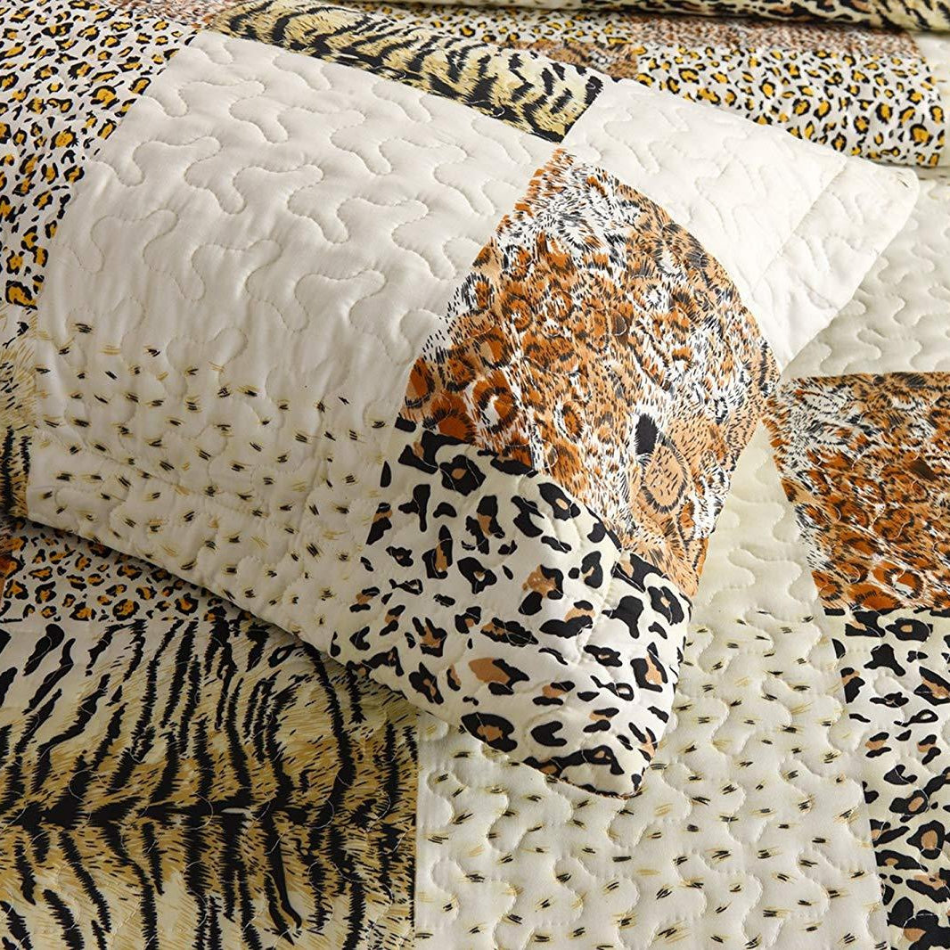 3 Piece Animal Print Quilt Set, Leopard Patchwork Bedspread Lightweight