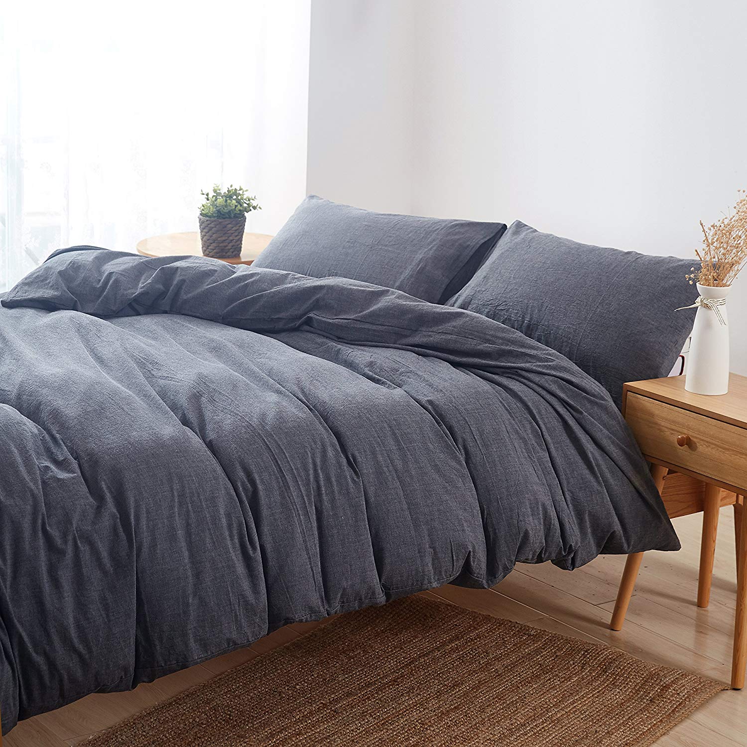 3 Piece 100% Cotton Duvet Cover Set, Soft Breathable Bedding