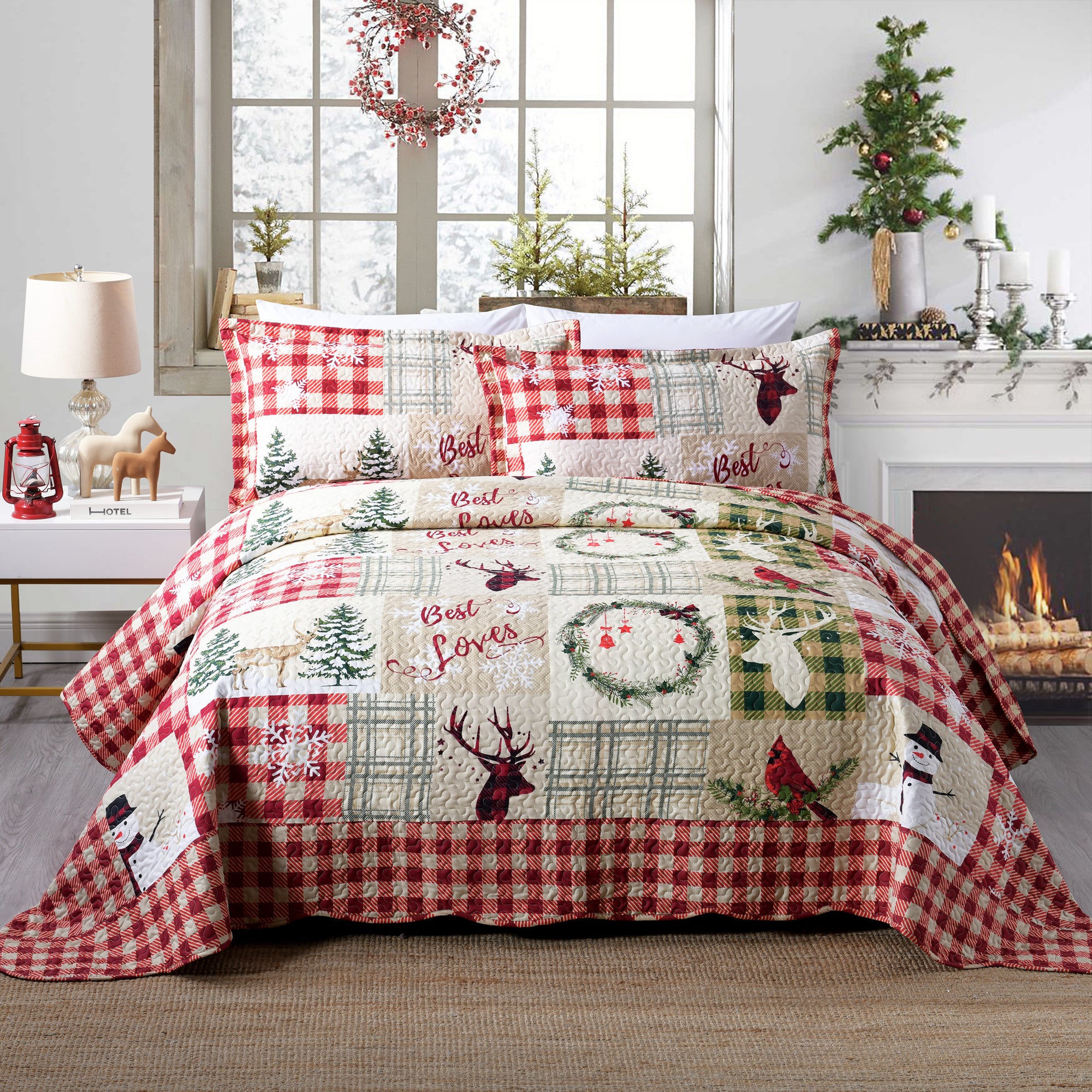3 Piece Christmas Snowman Reversible Quilt Set Lightweight Holiday Bedspread B009