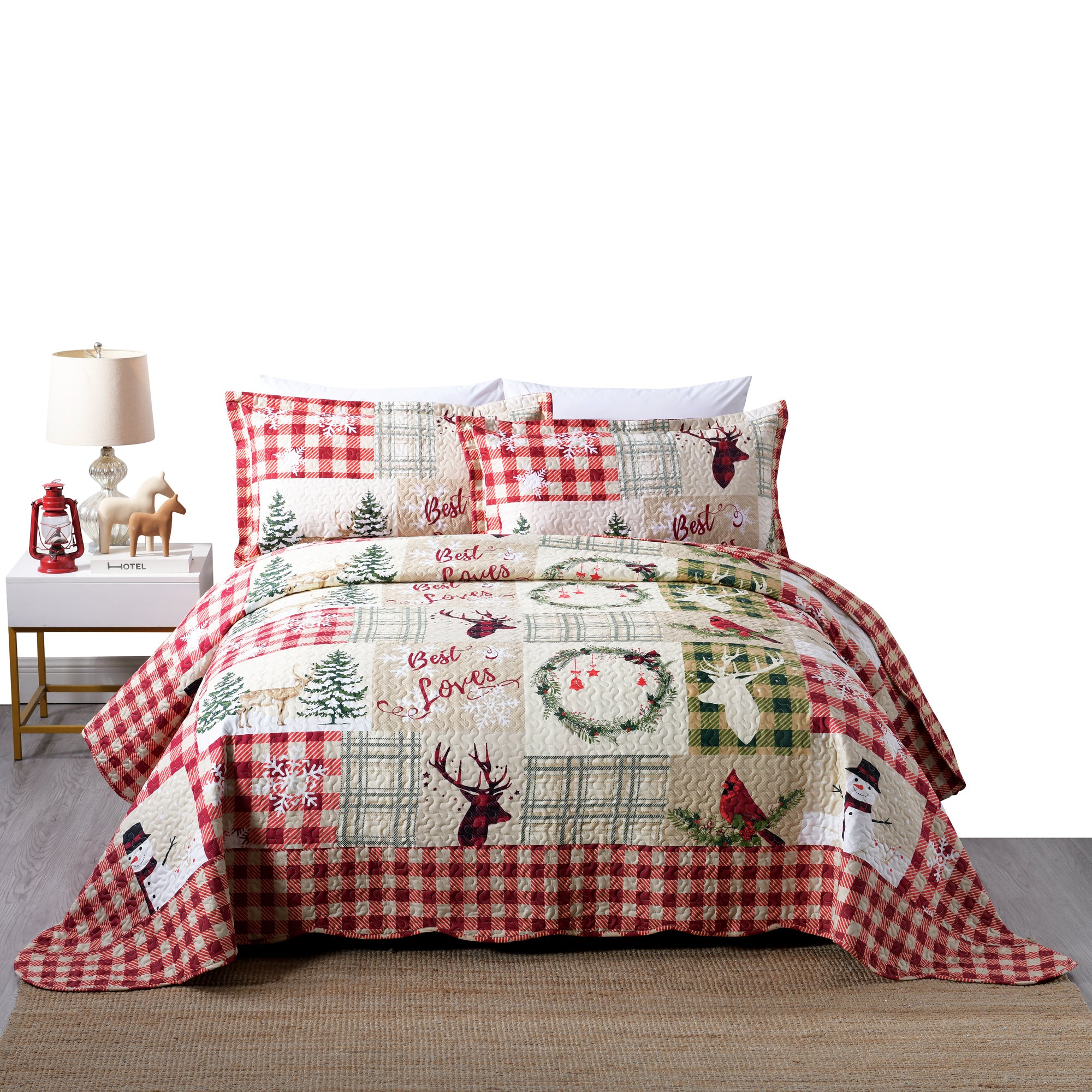 3 Piece Christmas Snowman Reversible Quilt Set Lightweight Holiday Bedspread B009