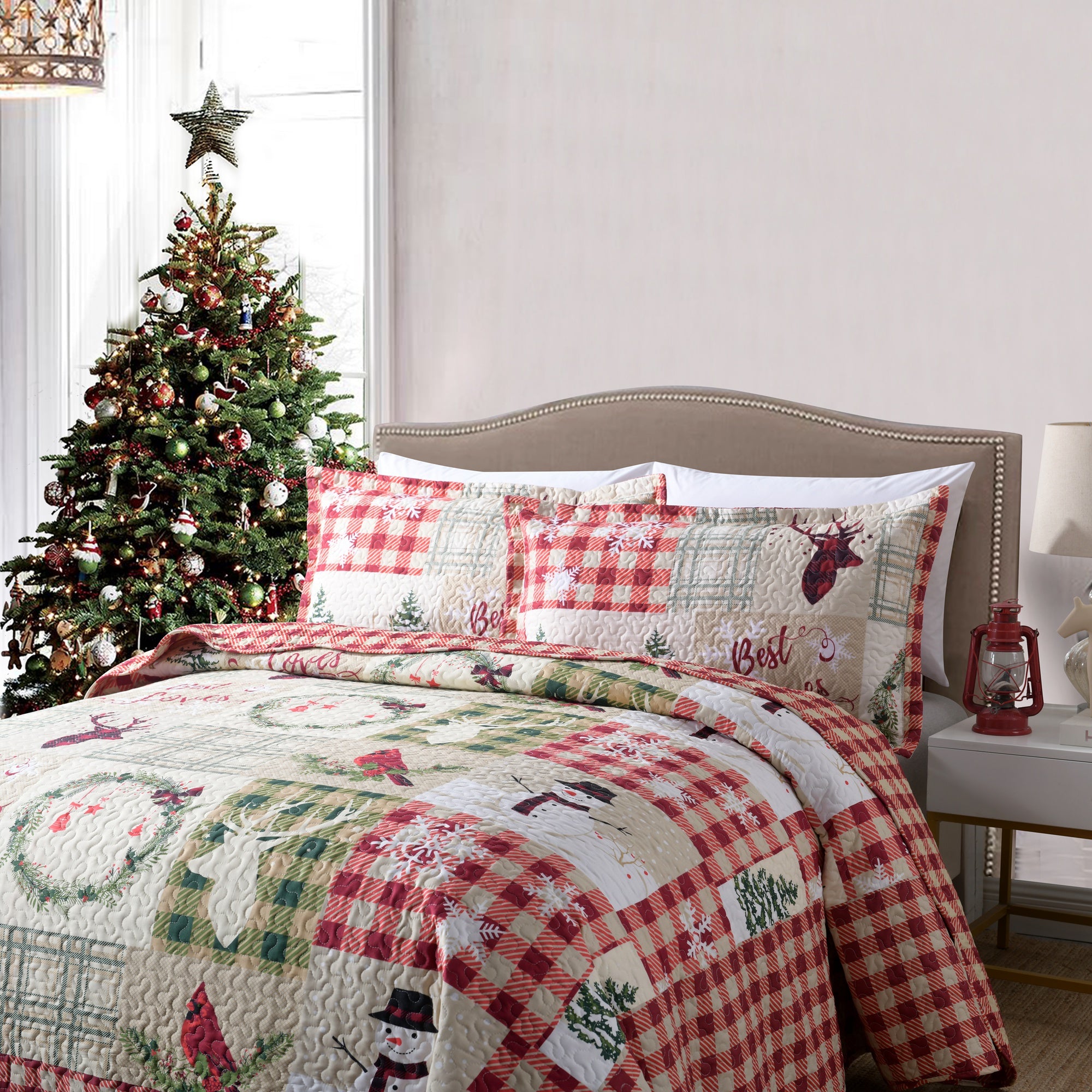 3 Piece Christmas Snowman Reversible Quilt Set Lightweight Holiday Bedspread B009