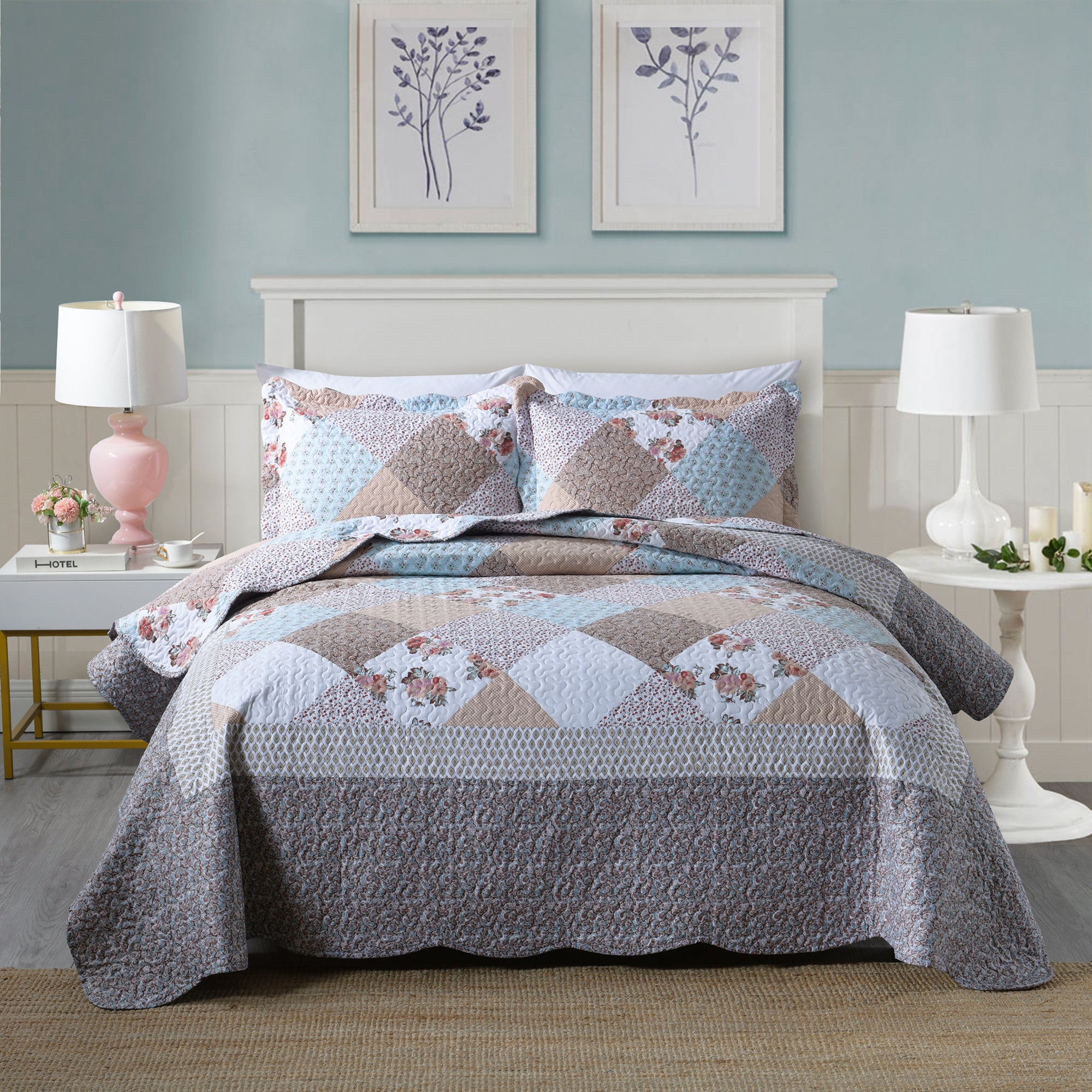 3 Piece Vintage Floral Patchwork Quilt Set – Lightweight Printed Bedspread B75