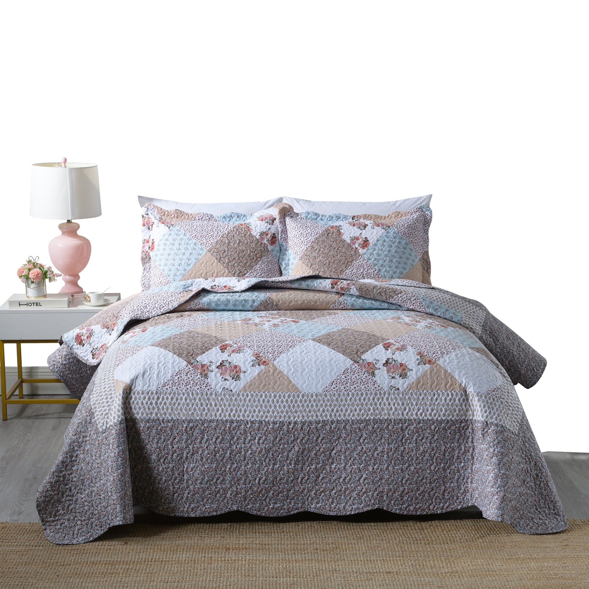 3 Piece Vintage Floral Patchwork Quilt Set – Lightweight Printed Bedspread B75