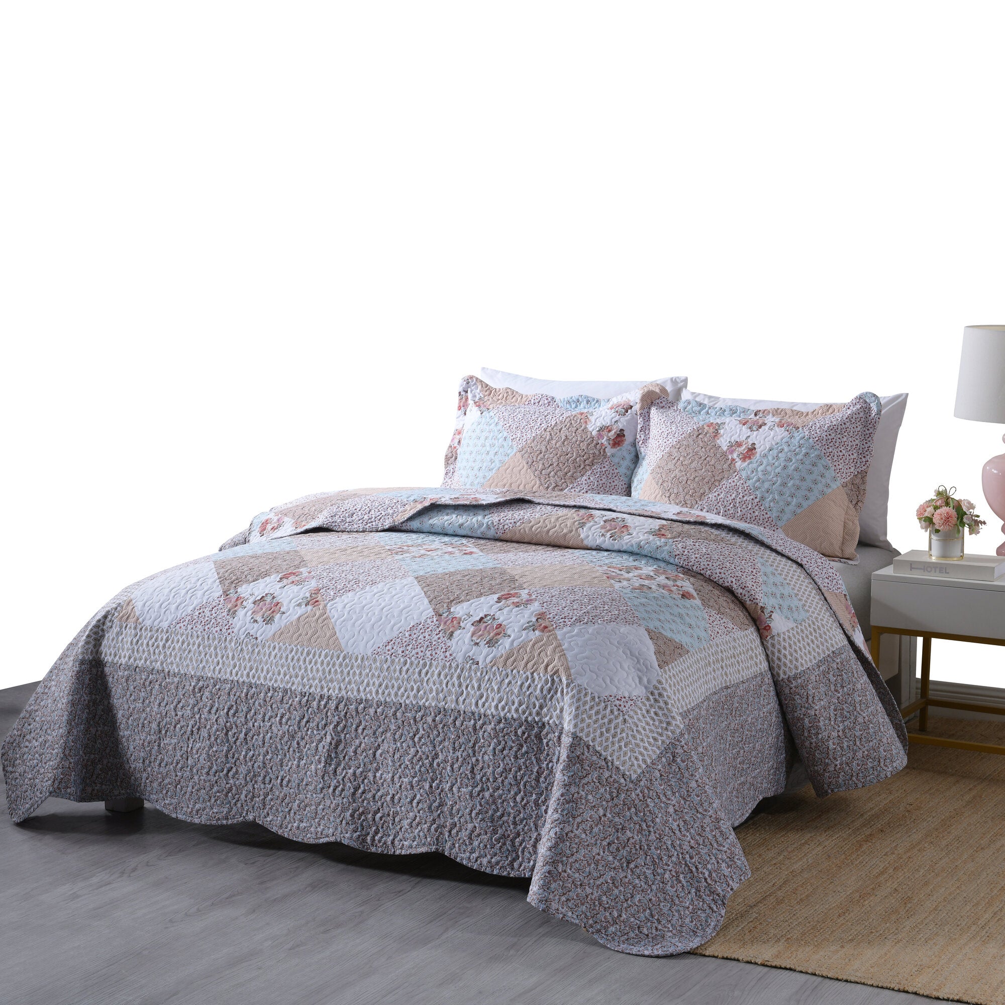 3 Piece Vintage Floral Patchwork Quilt Set – Lightweight Printed Bedspread B75