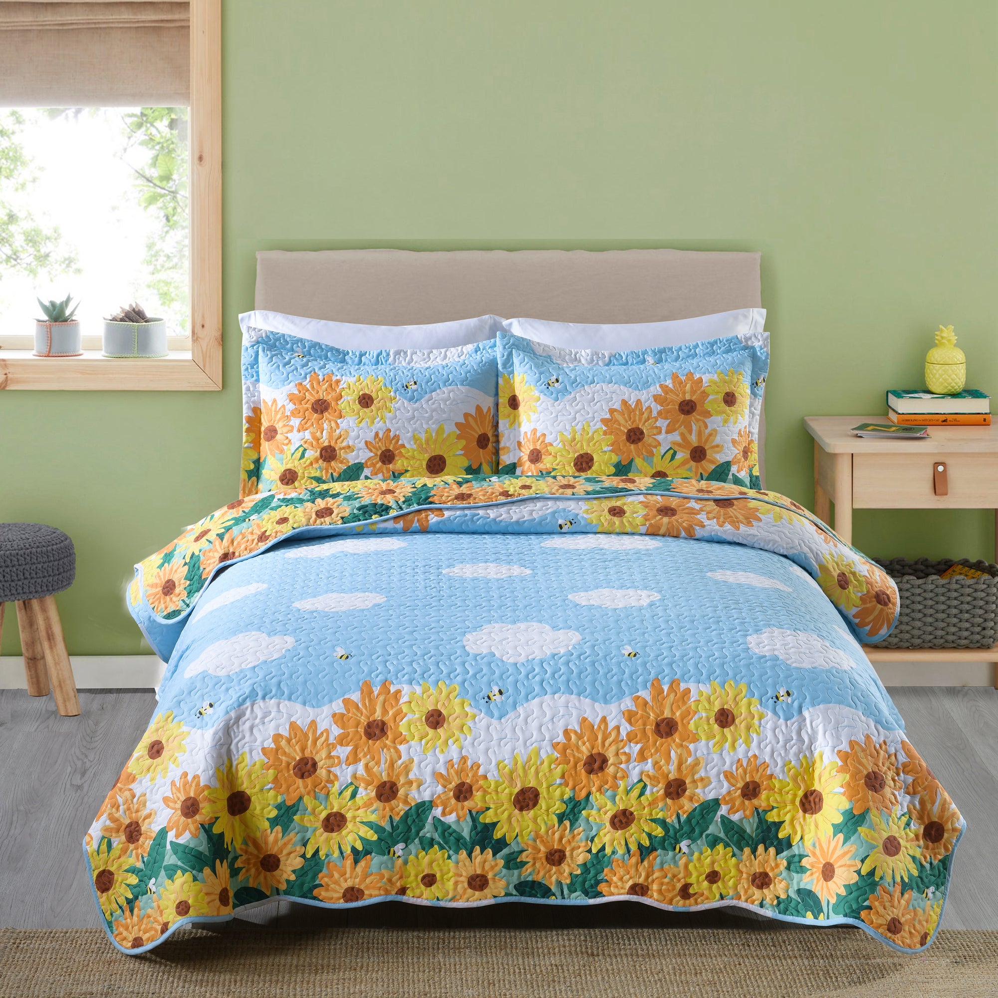 3 Piece Kids Sunflower Quilt Set – 100% Cotton Lightweight Floral Bedspread for Girls Teens