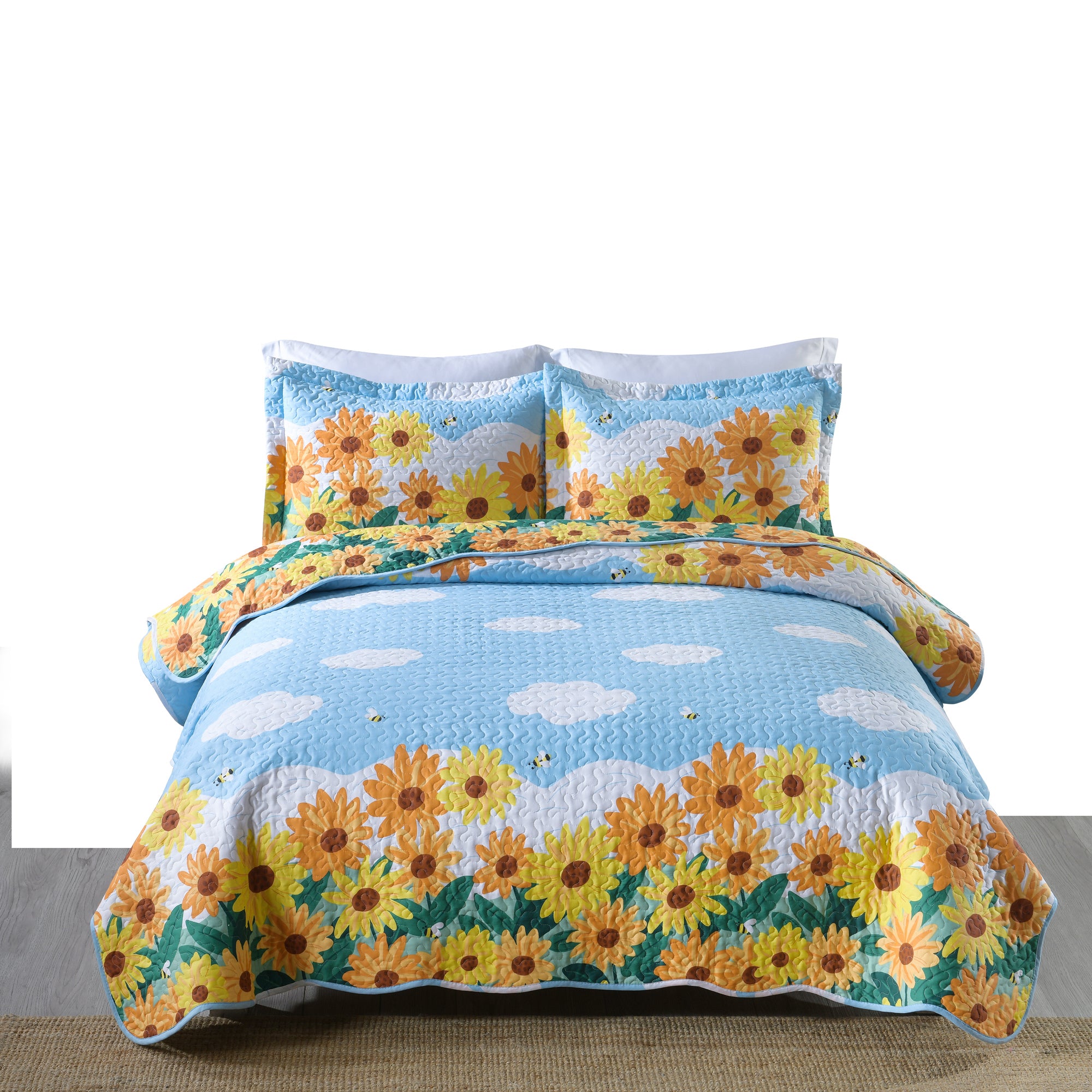 3 Piece Kids Sunflower Quilt Set – 100% Cotton Lightweight Floral Bedspread for Girls Teens