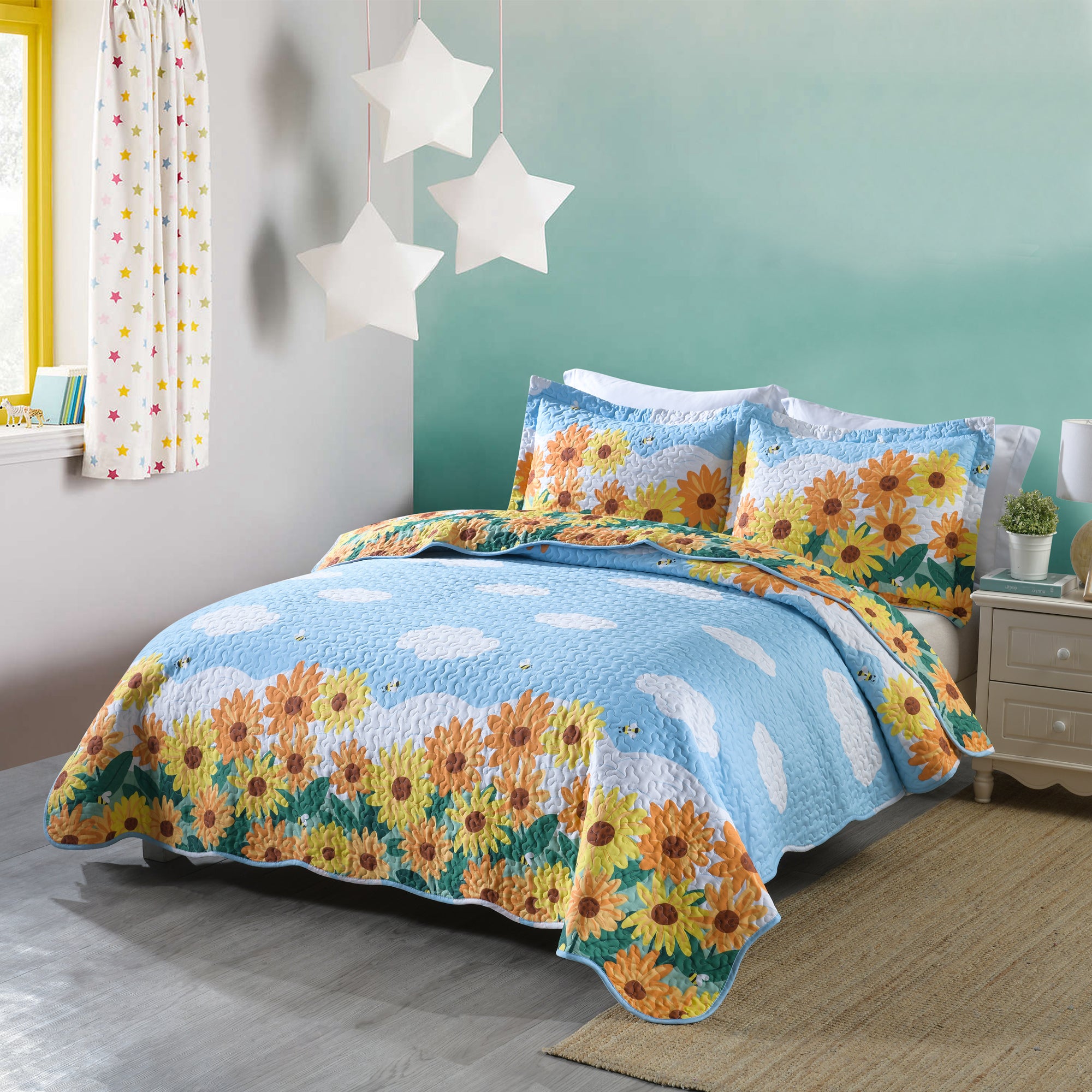 3 Piece Kids Sunflower Quilt Set – 100% Cotton Lightweight Floral Bedspread for Girls Teens