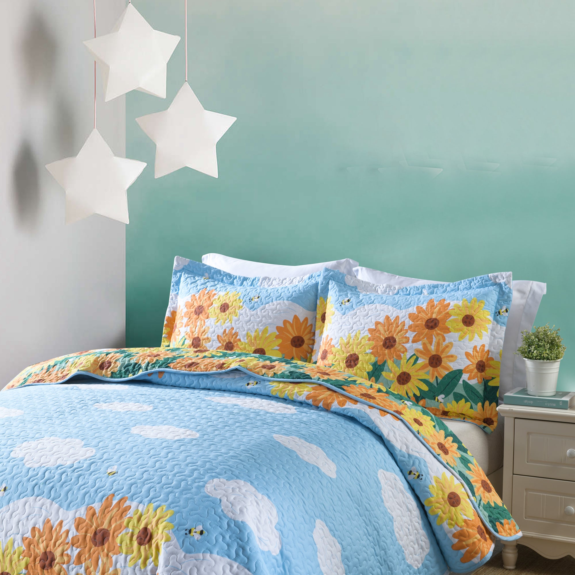 3 Piece Kids Sunflower Quilt Set – 100% Cotton Lightweight Floral Bedspread for Girls Teens
