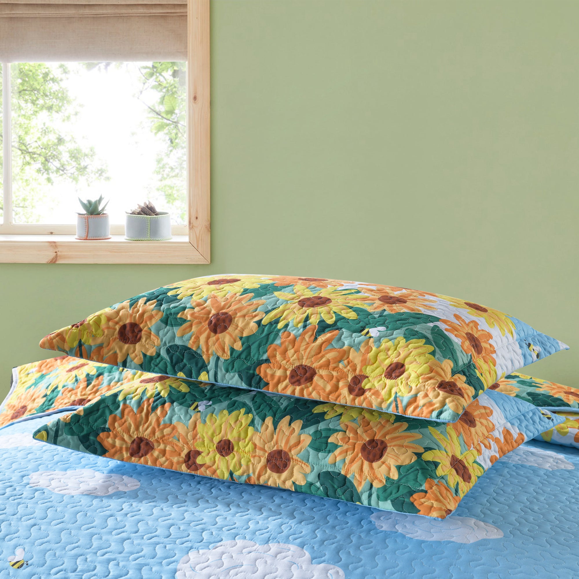 3 Piece Kids Sunflower Quilt Set – 100% Cotton Lightweight Floral Bedspread for Girls Teens