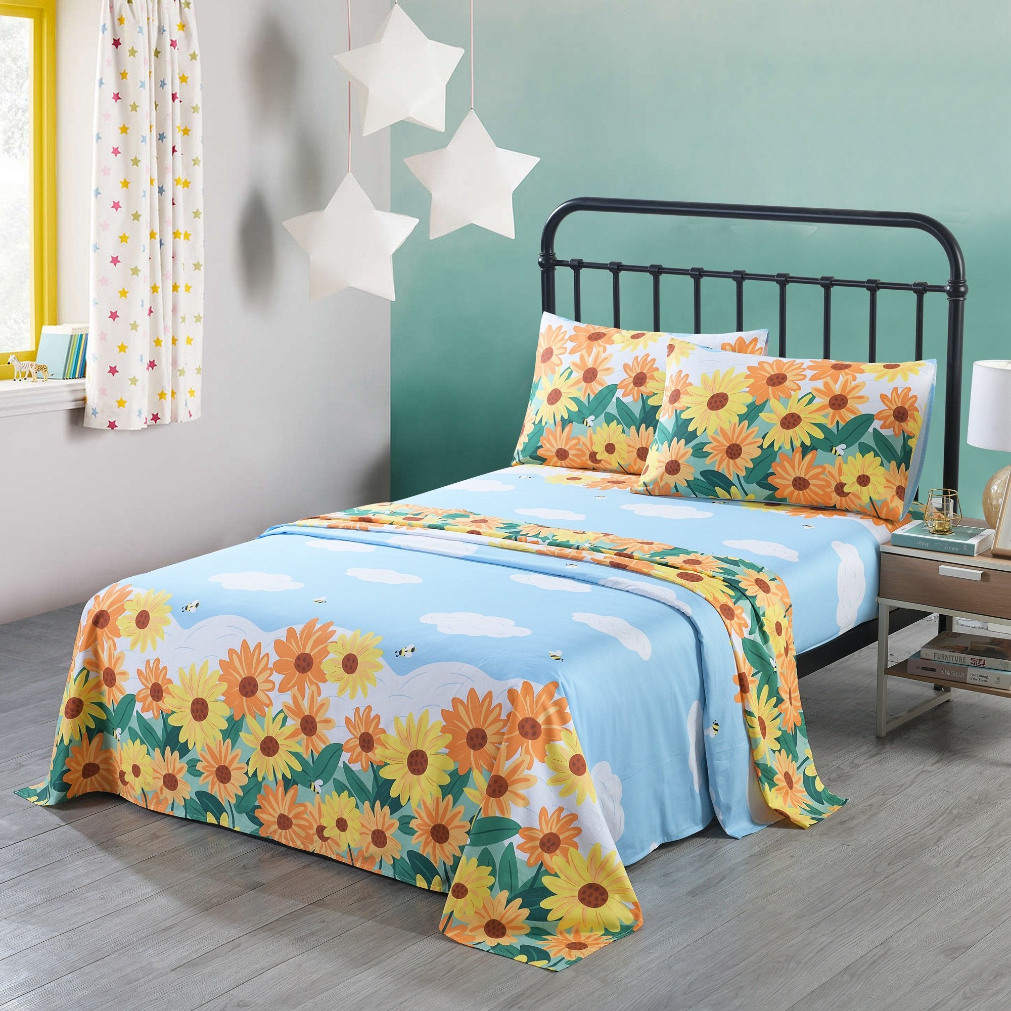 3/4 Piece Kids 100% Cotton Sunflower Bed Sheet Set for Boys Girls Teens