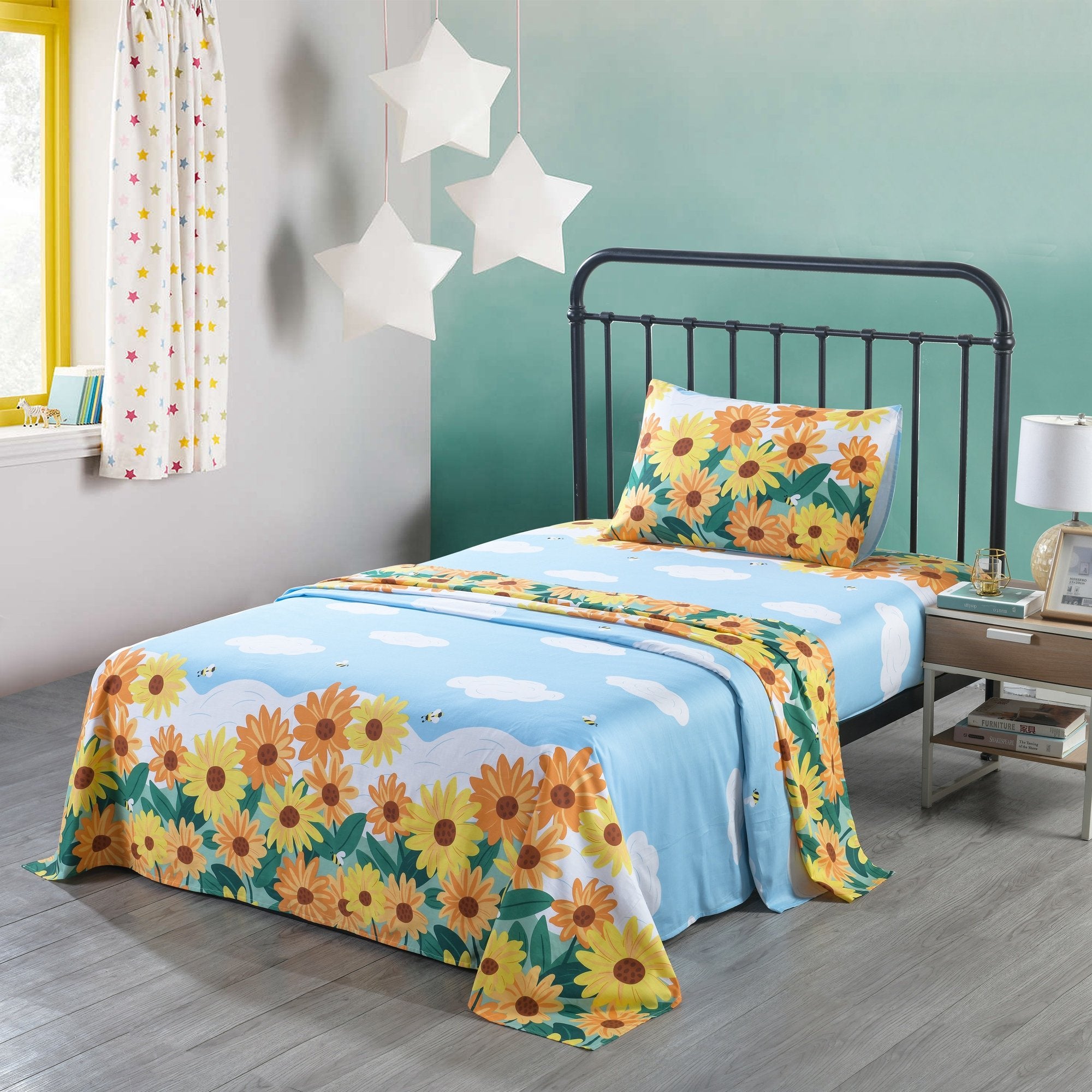 3/4 Piece Kids 100% Cotton Sunflower Bed Sheet Set for Boys Girls Teens
