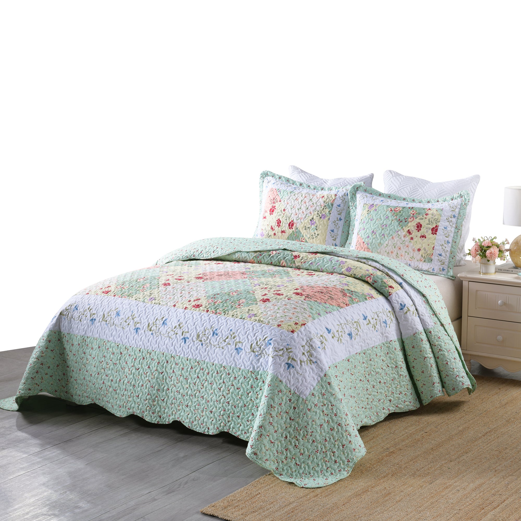 3 Piece Floral Patchwork Quilt Set – Lightweight Cottage Garden Bedspread B014