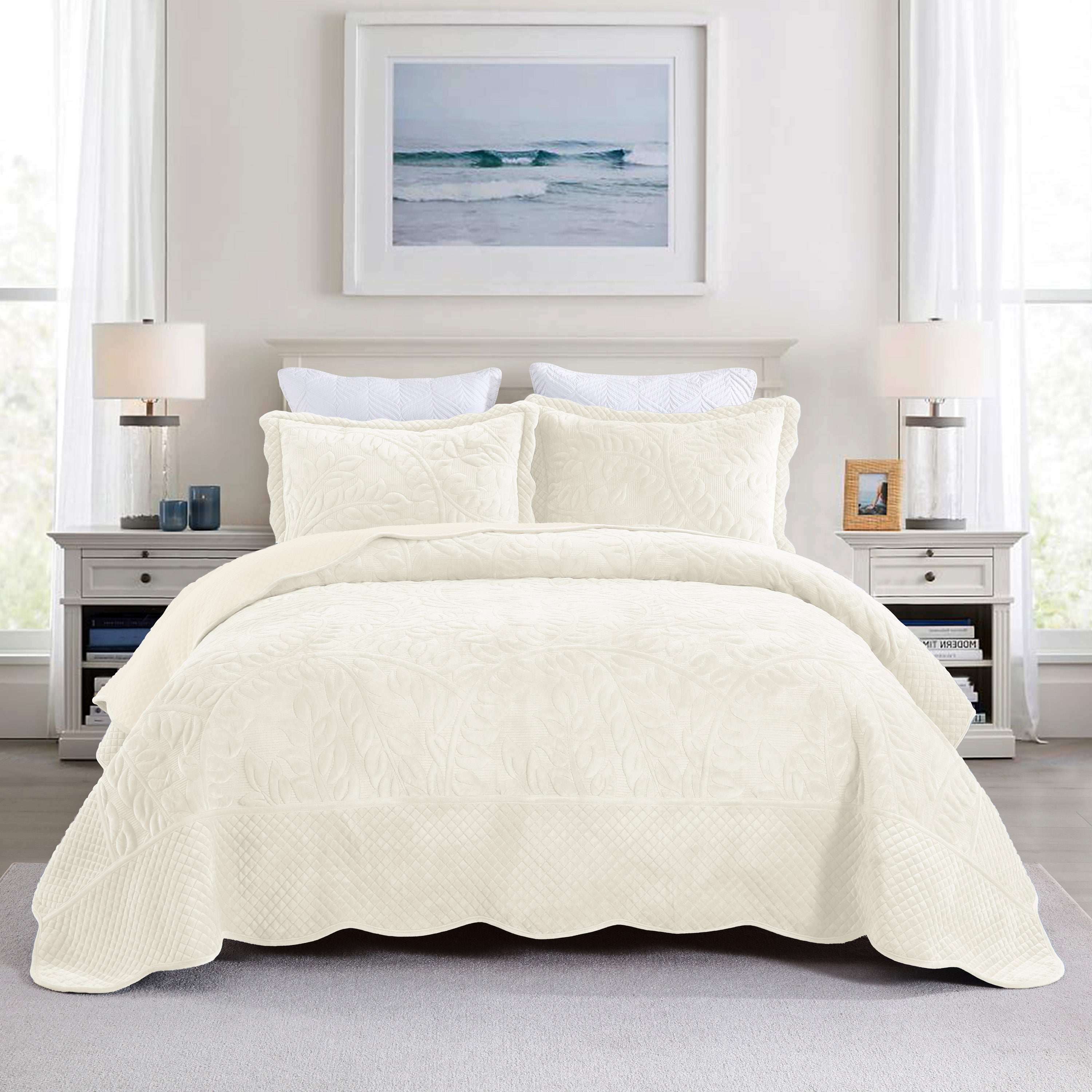3 Piece Oversized Luxury Velvet Quilt Set Leaf Embroidered Bedspread