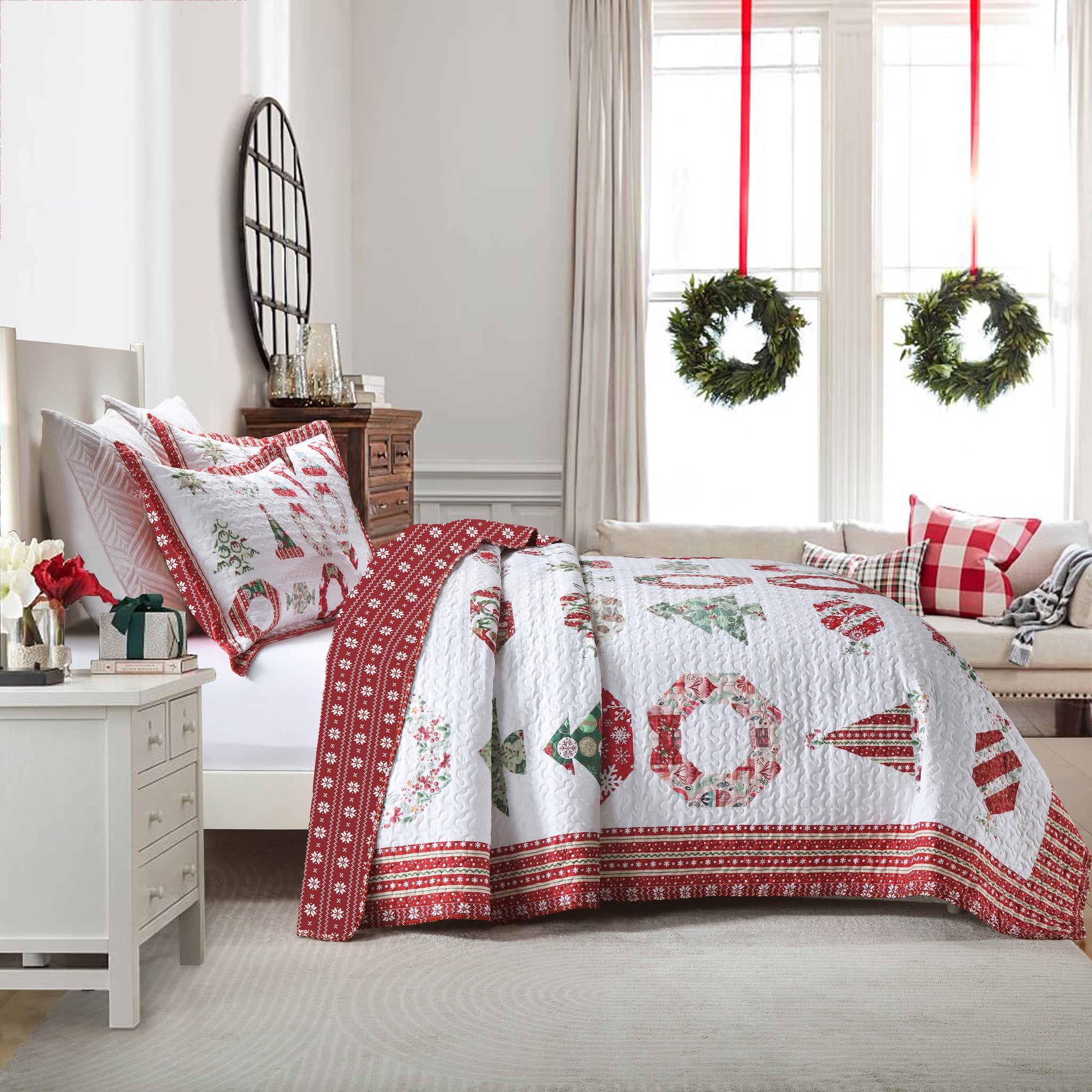 3 Pcs Winter Christmas Quilt Bedspread Set Holiday Bedding Set Candy