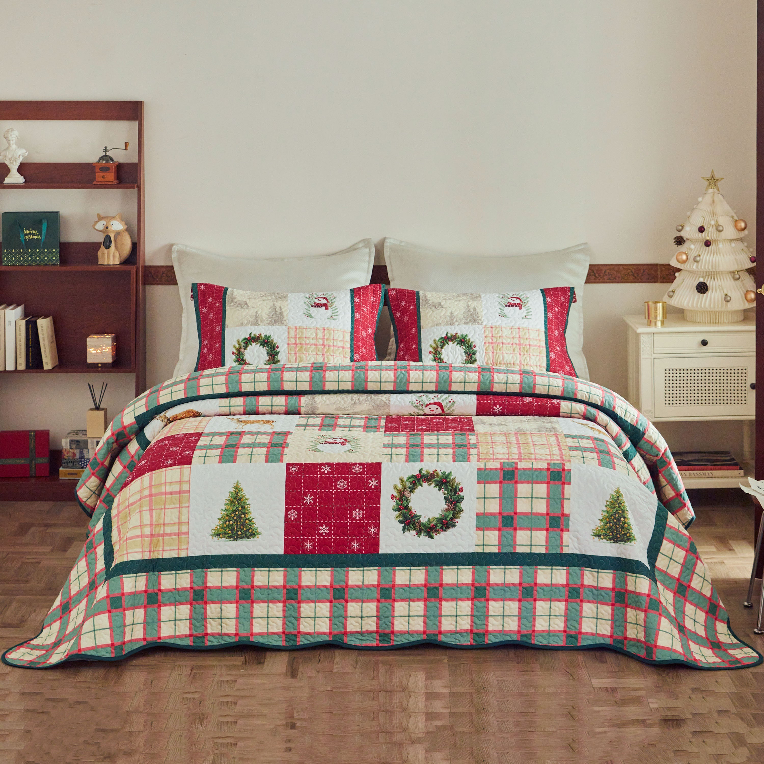 3-Piece Vintage Christmas Plaid Patchwork Quilt Bedspread Set BY227
