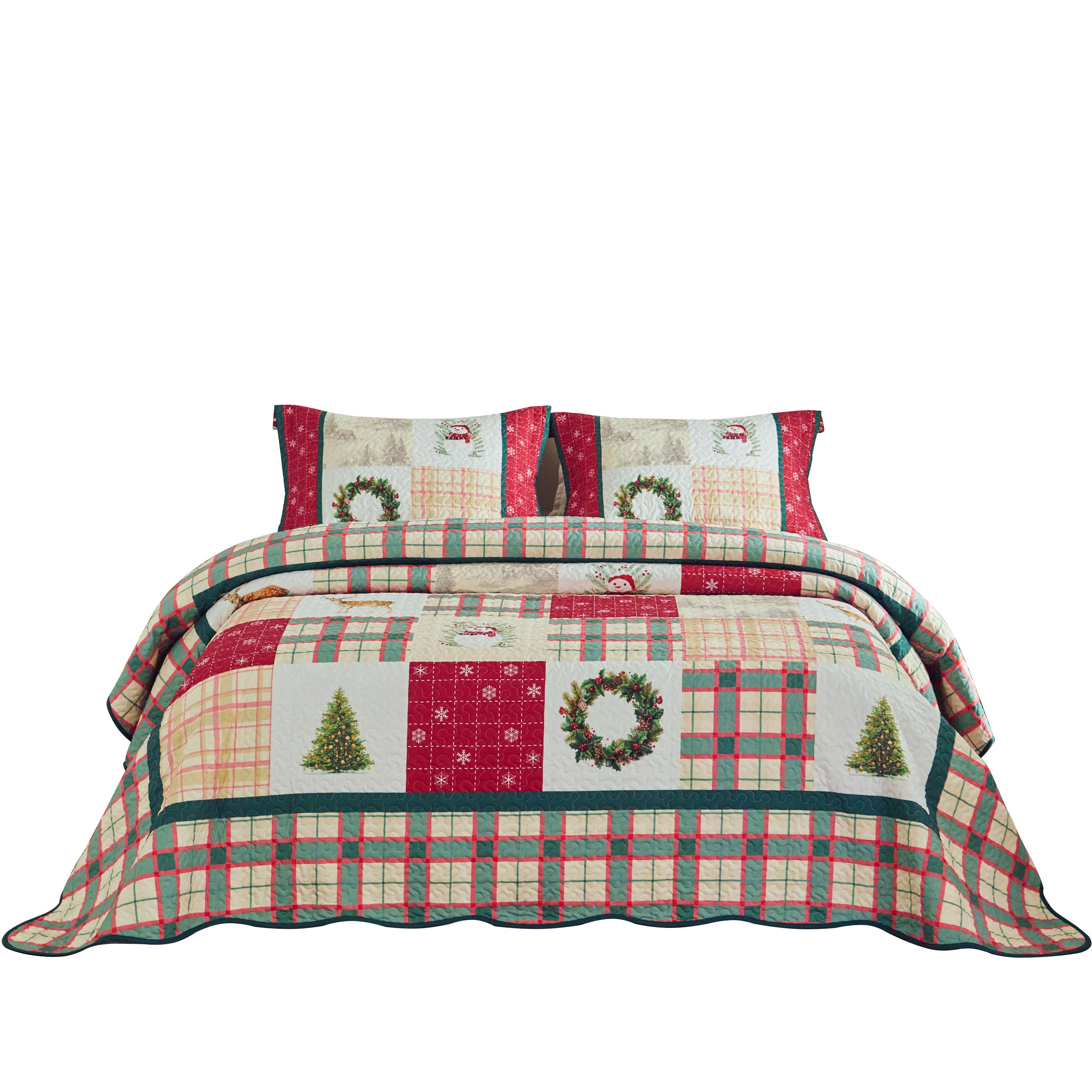 3-Piece Vintage Christmas Plaid Patchwork Quilt Bedspread Set BY227