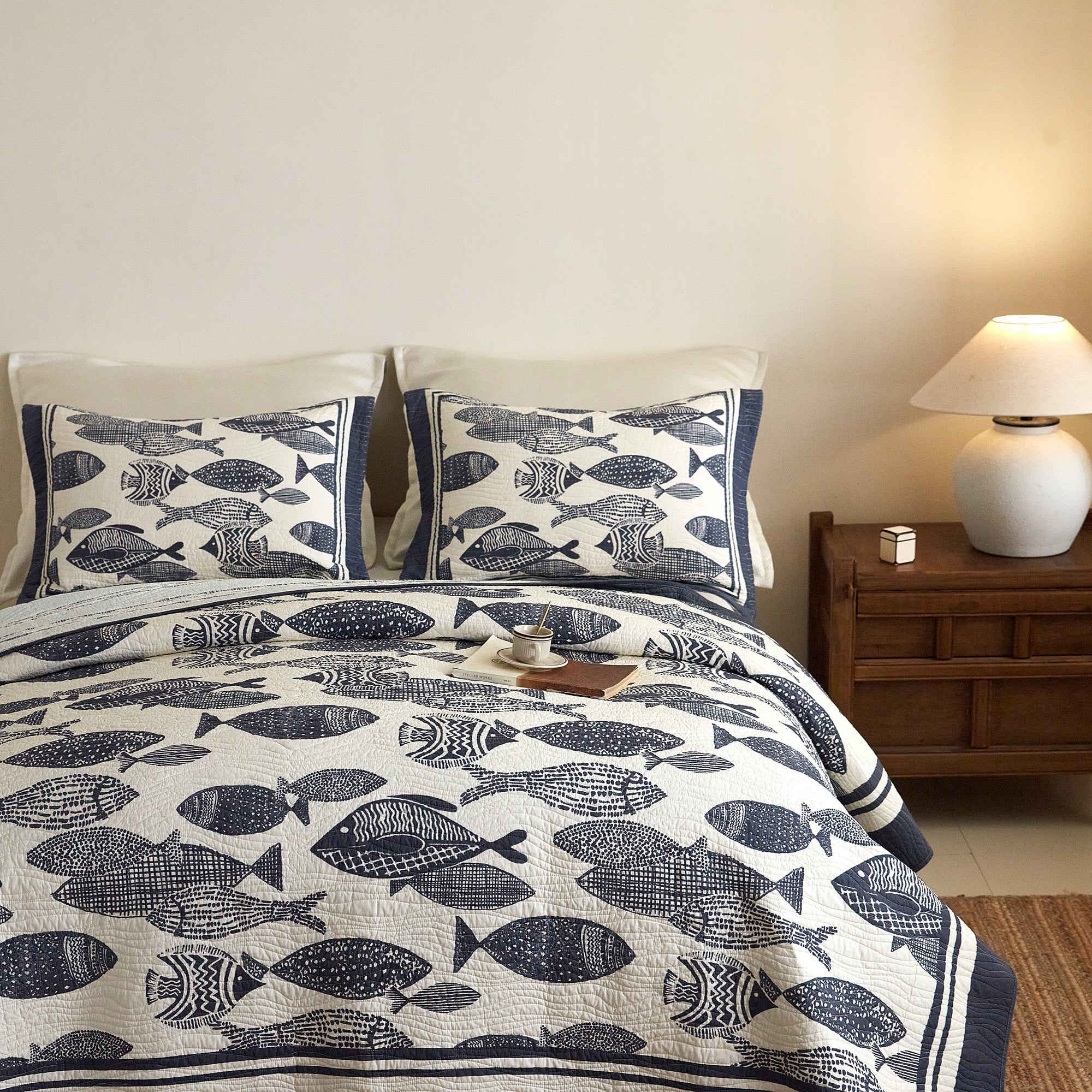 3 Piece 100% Cotton Nautical Fish Print Quilt Set – Coastal Bedspread CP340