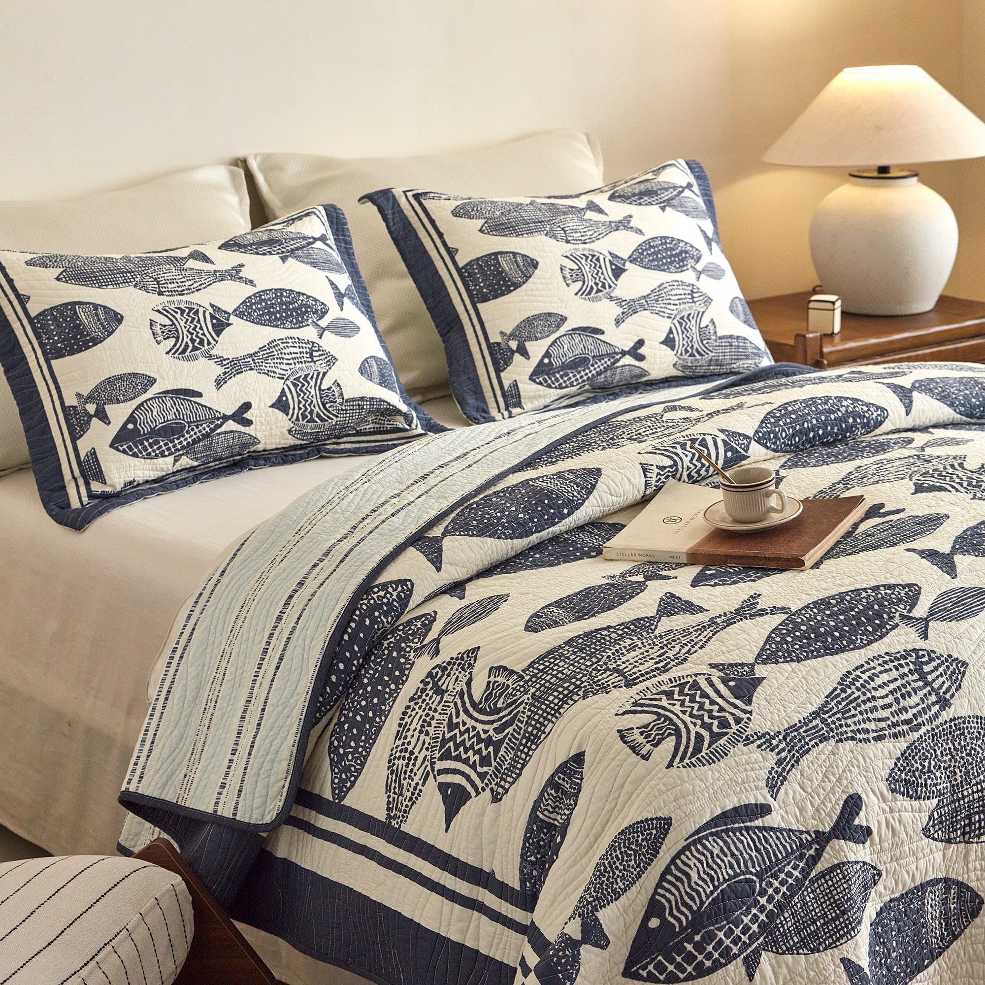 3 Piece 100% Cotton Nautical Fish Print Quilt Set – Coastal Bedspread CP340