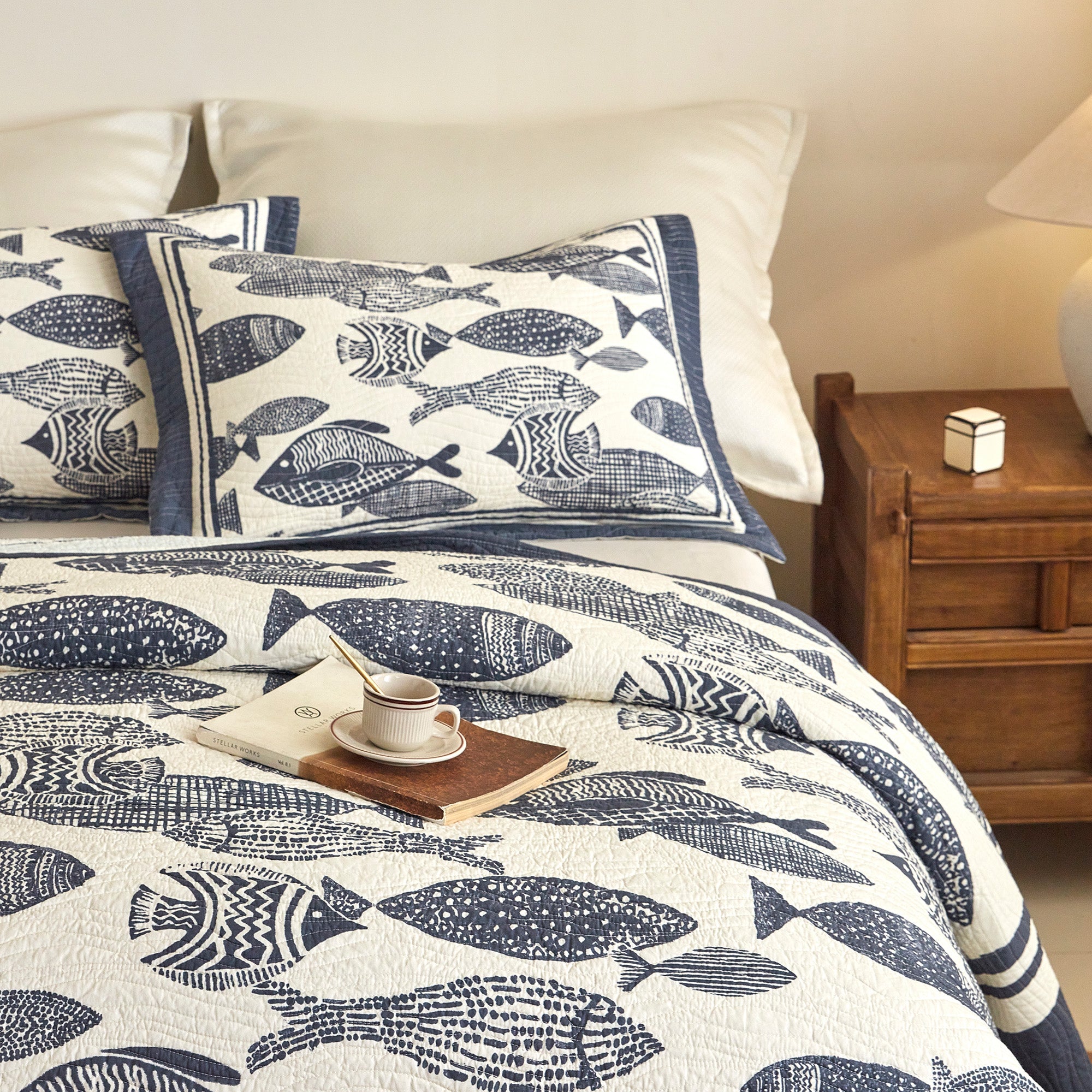 3 Piece 100% Cotton Nautical Fish Print Quilt Set – Coastal Bedspread CP340