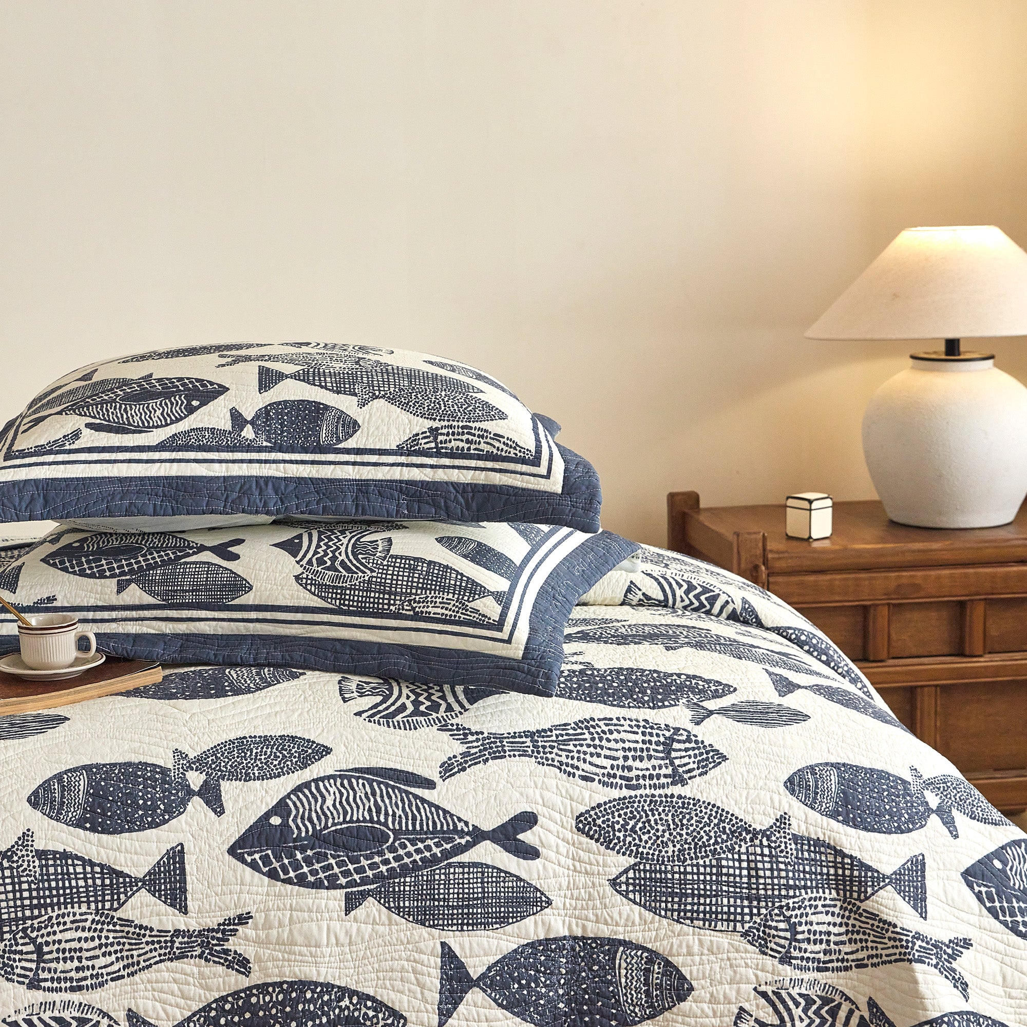 3 Piece 100% Cotton Nautical Fish Print Quilt Set – Coastal Bedspread CP340