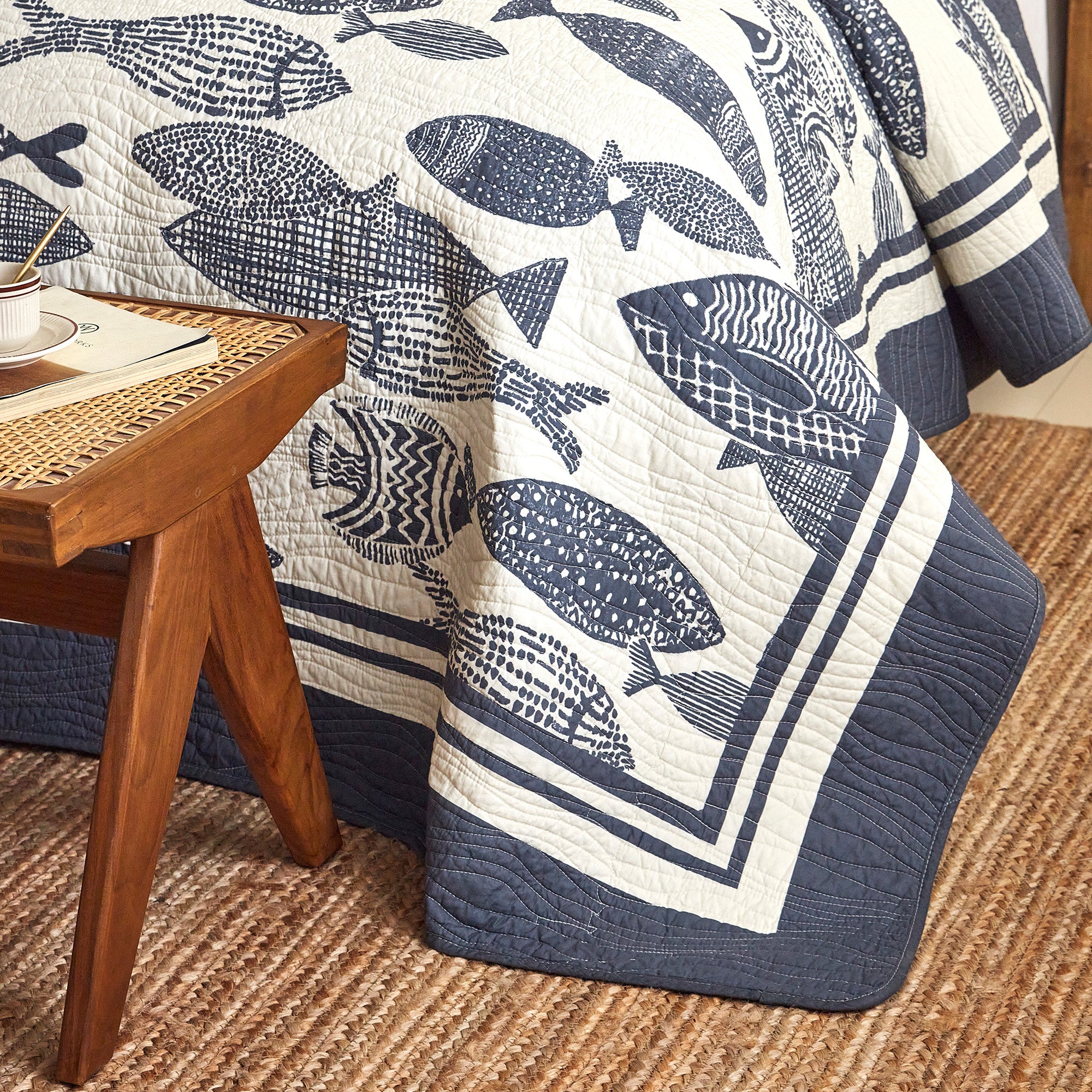 3 Piece 100% Cotton Nautical Fish Print Quilt Set – Coastal Bedspread CP340