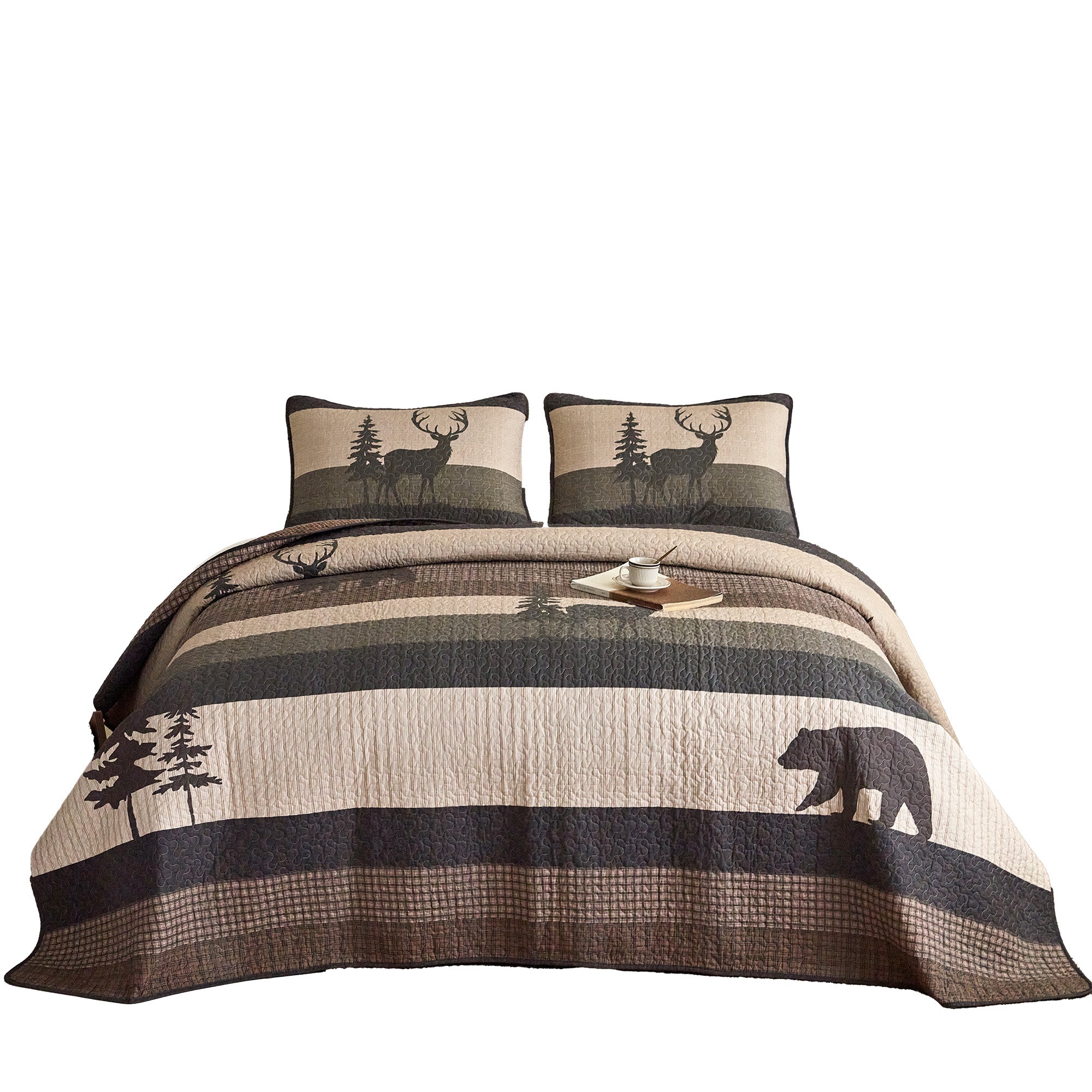 Rustic Lodge 3 Pcs 100% Cotton Bear & Deer Forest Quilt Bedspread Set CP328