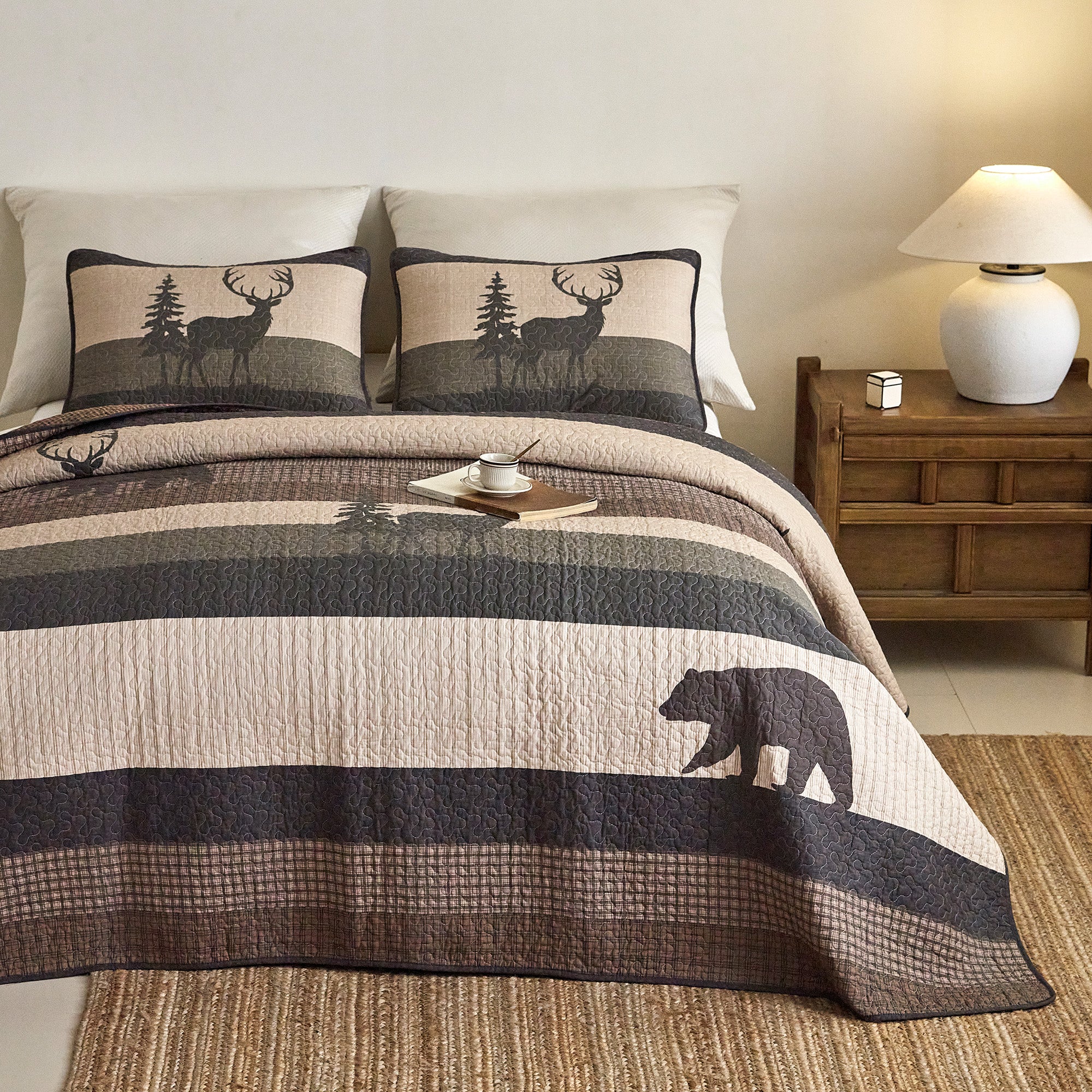 Rustic Lodge 3 Pcs 100% Cotton Bear & Deer Forest Quilt Bedspread Set CP328