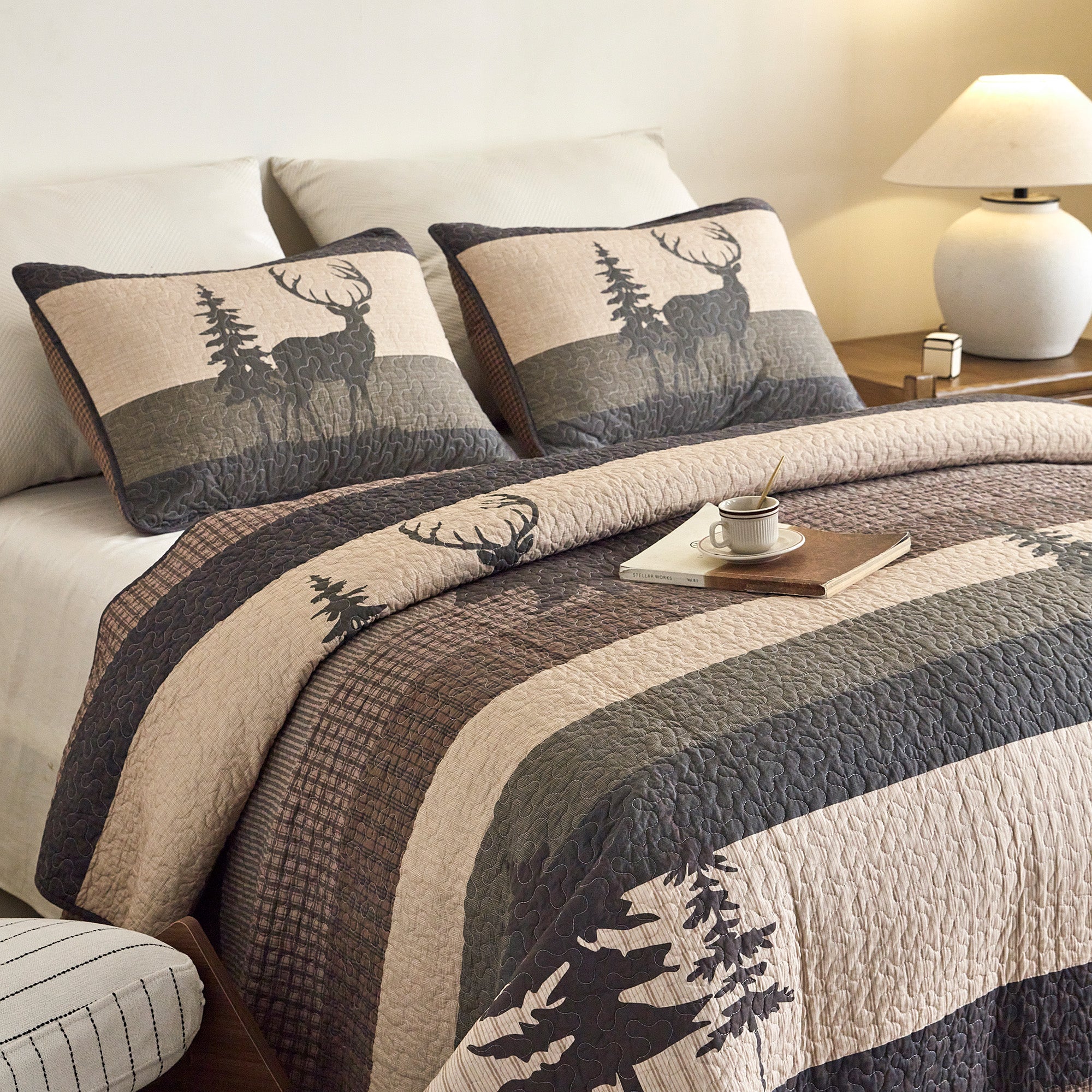 Rustic Lodge 3 Pcs 100% Cotton Bear & Deer Forest Quilt Bedspread Set CP328