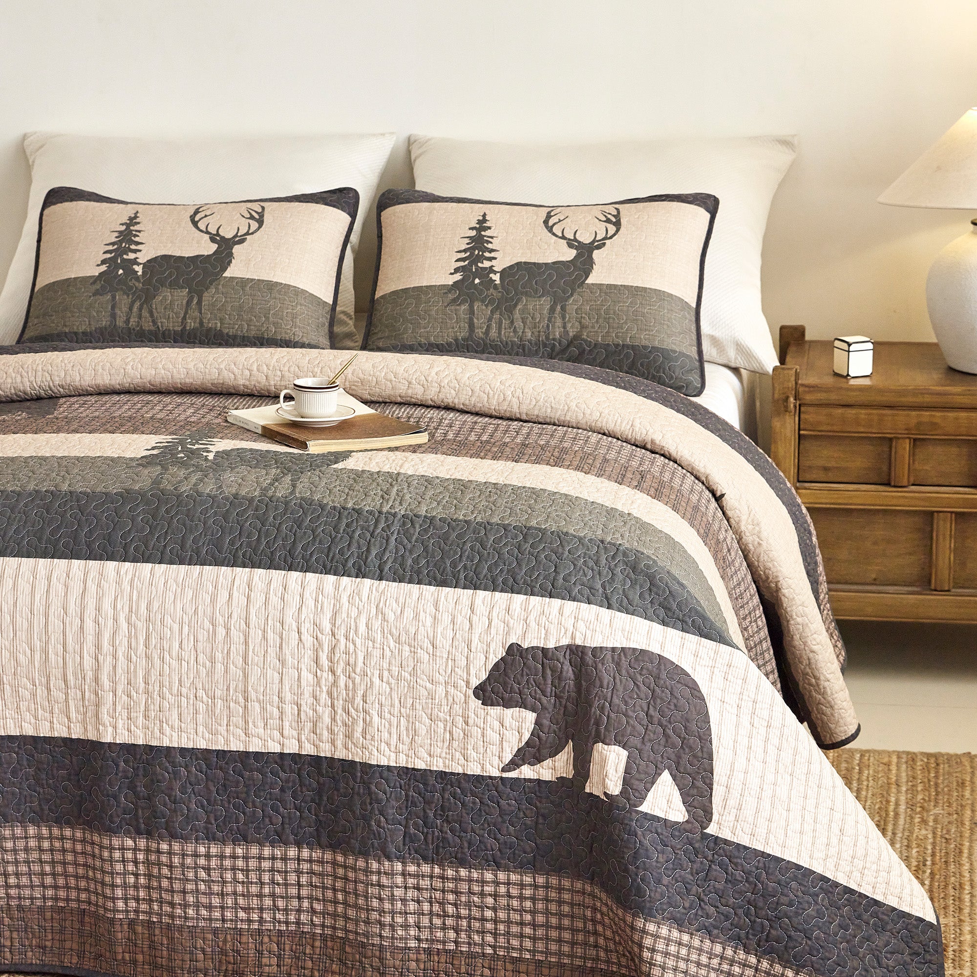 Rustic Lodge 3 Pcs 100% Cotton Bear & Deer Forest Quilt Bedspread Set CP328