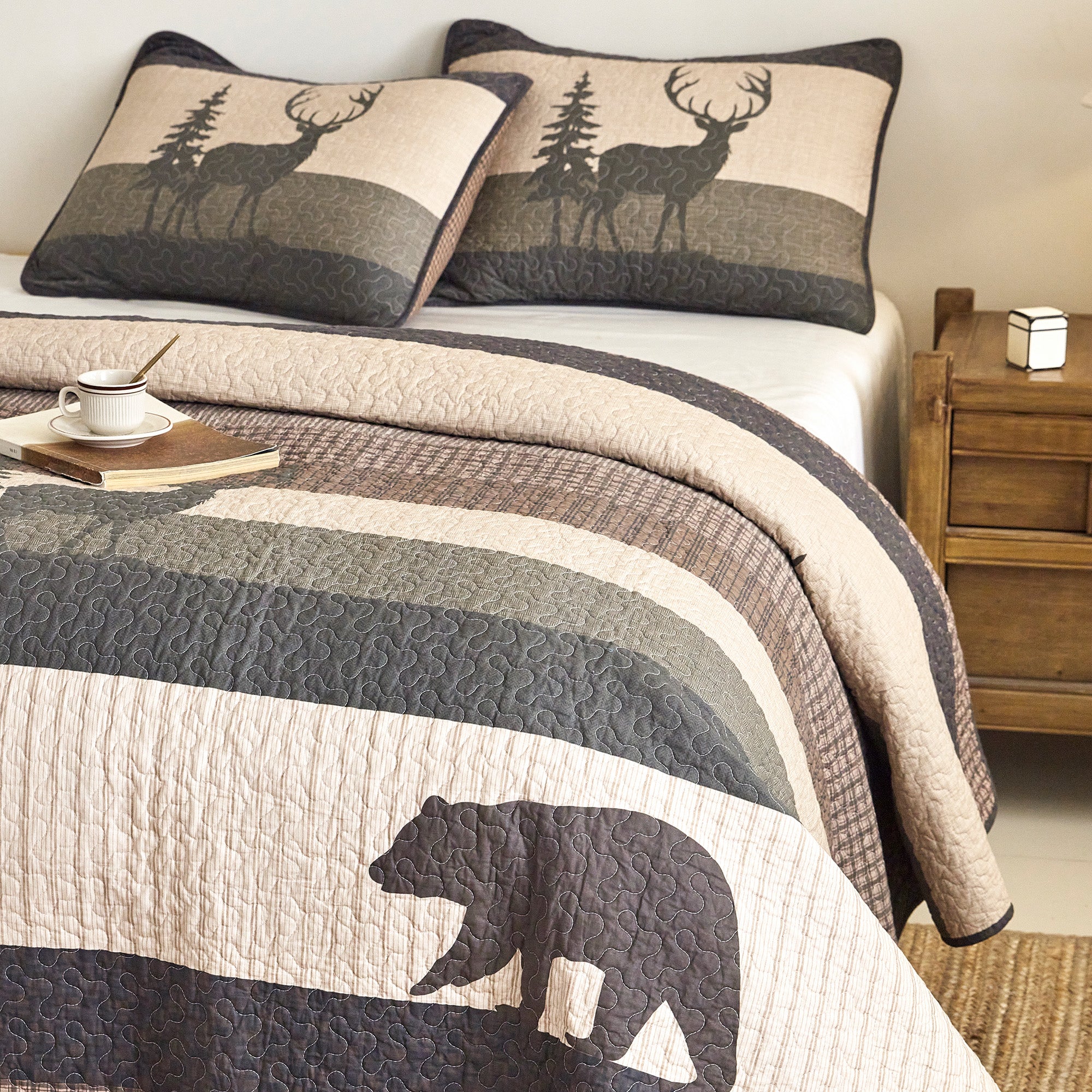 Rustic Lodge 3 Pcs 100% Cotton Bear & Deer Forest Quilt Bedspread Set CP328