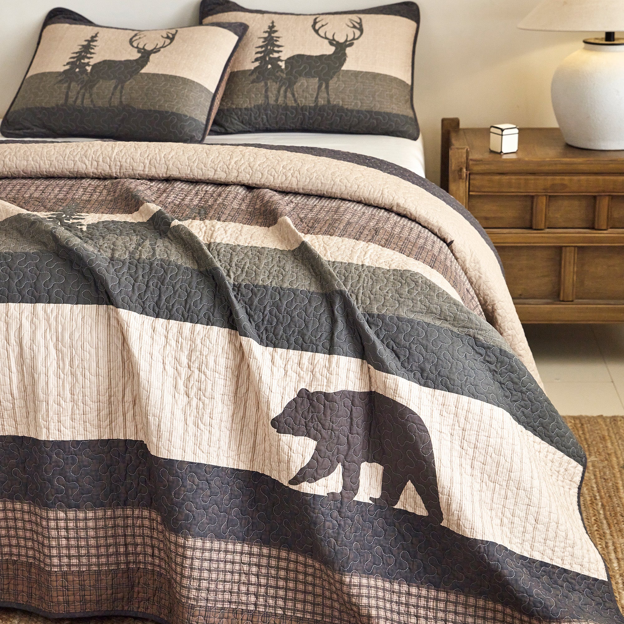 Rustic Lodge 3 Pcs 100% Cotton Bear & Deer Forest Quilt Bedspread Set CP328
