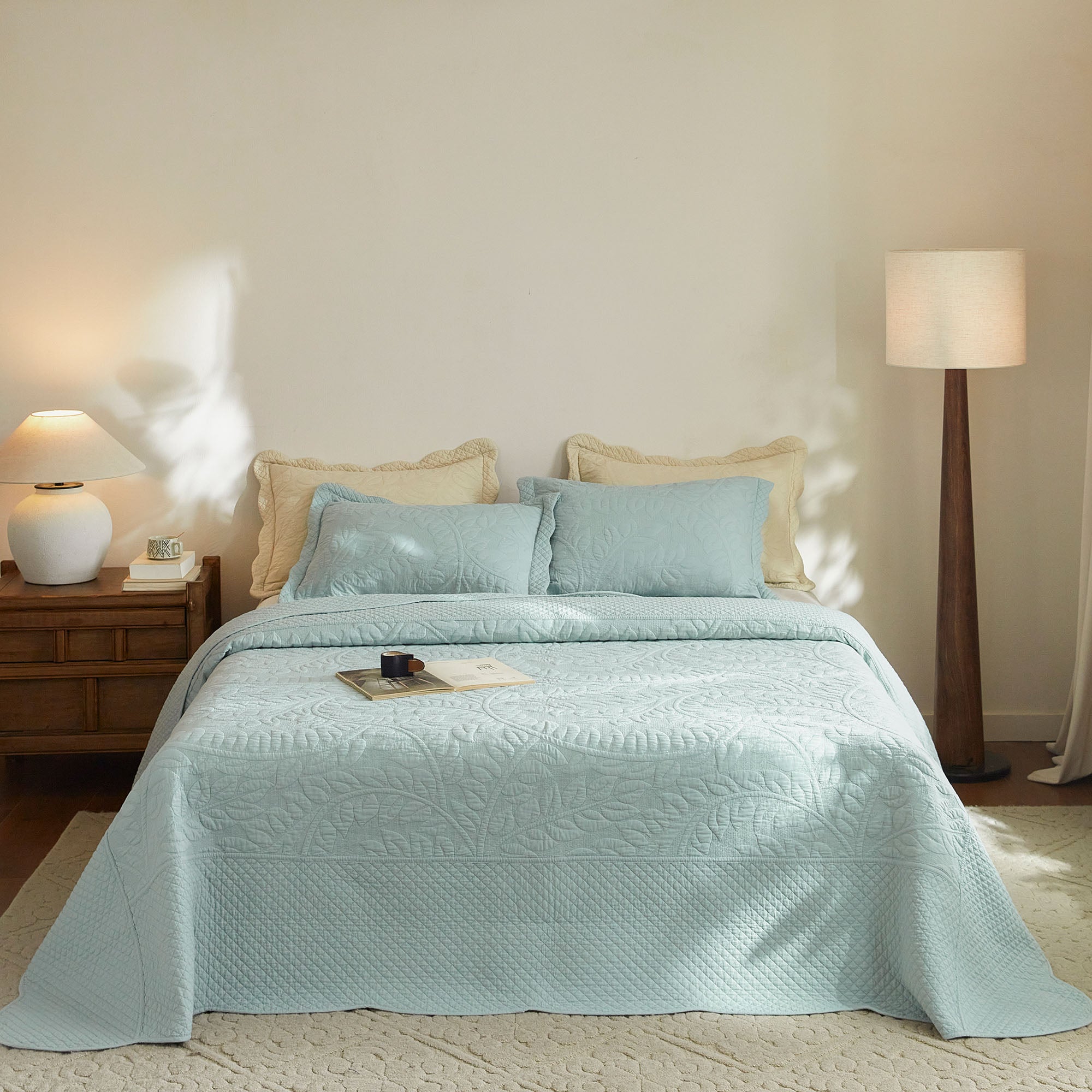 3-Pcs 100% Cotton Oversized Quilt Bedspread Set Embroidery T